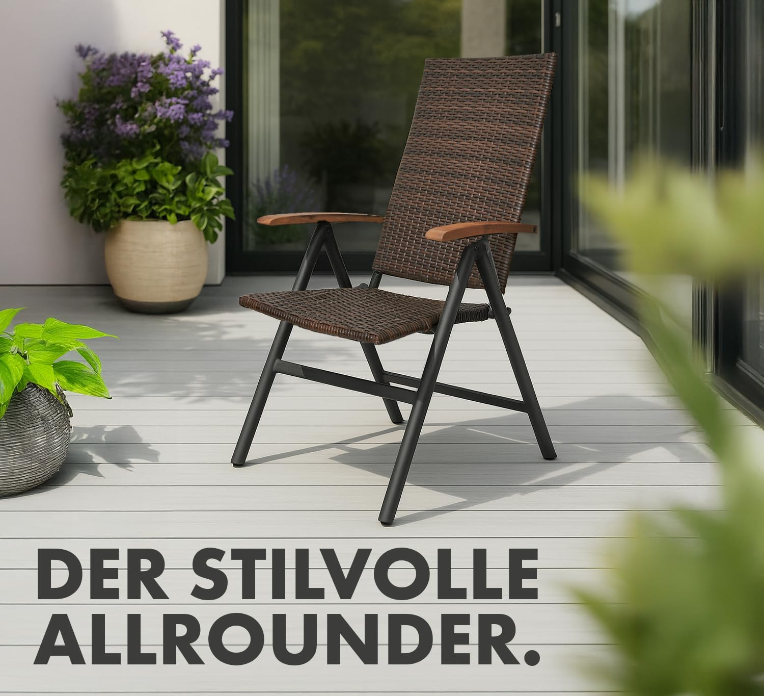 BRUBAKER 2er Set Polyrattan Gartenstuhl Modena - Hochlehner aus Metall und Poly Rattan klappbar - 7-Fach verstellbare Rückenlehne - wetterfester Faltstuhl/Klappstuhl - Braun Grau