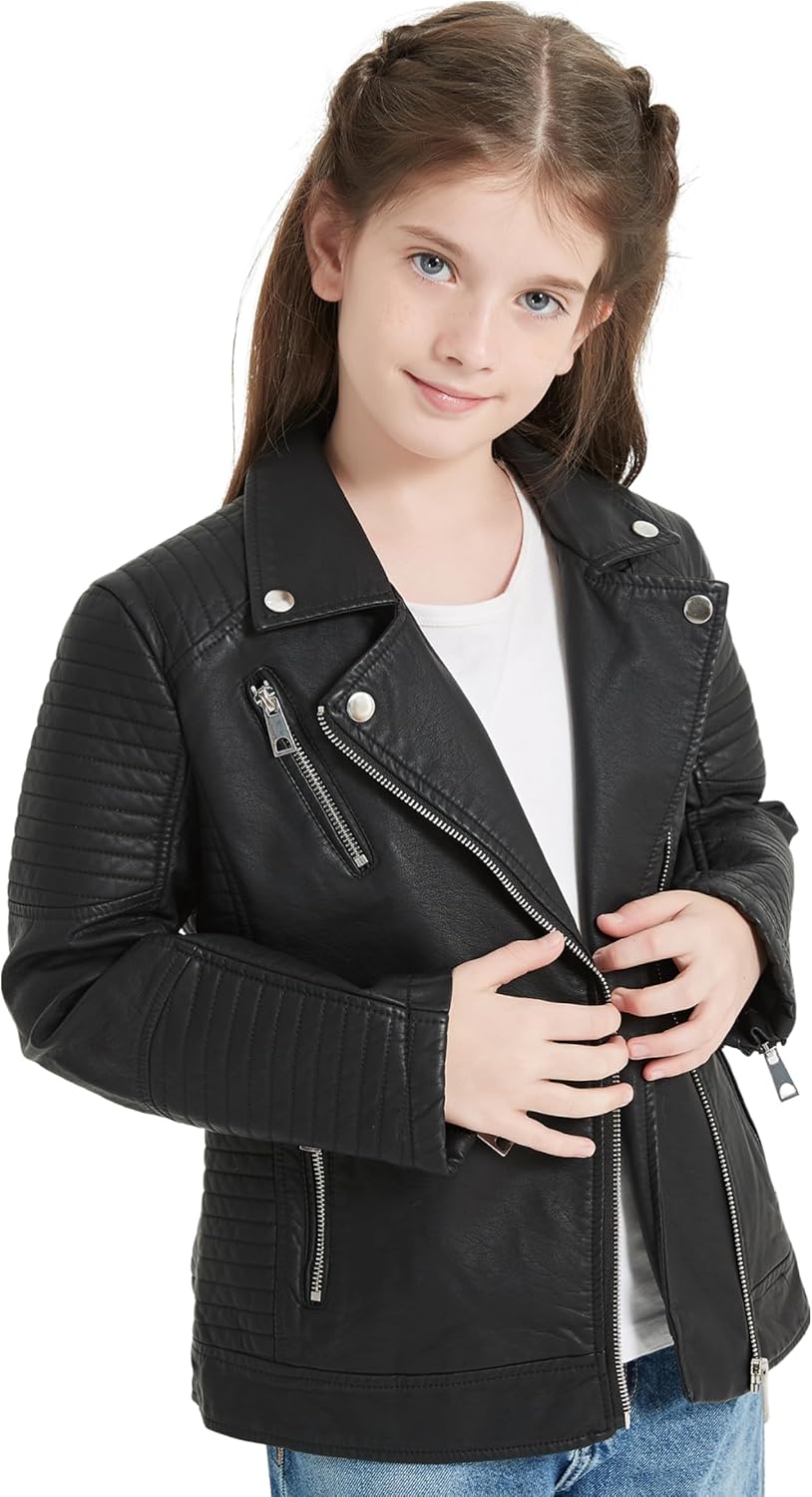 Giolshon Fall Girls Faux Leather Jacket for Kids PU Motorcycle Biker Outwear Solid Color Zipper Kid Slim Coat