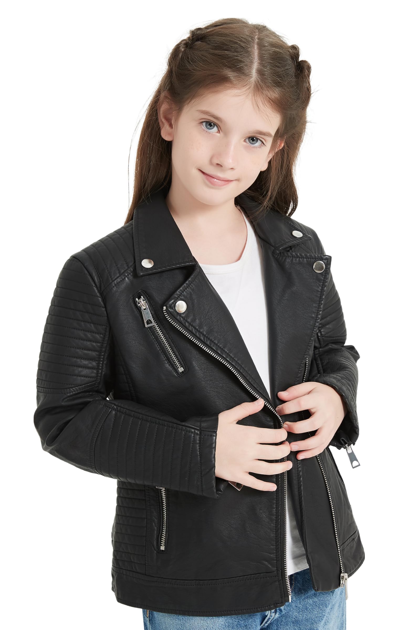 Giolshon Fall Girls Faux Leather Jacket for Kids PU Motorcycle Biker Outwear Solid Color Zipper Kid Slim Coat