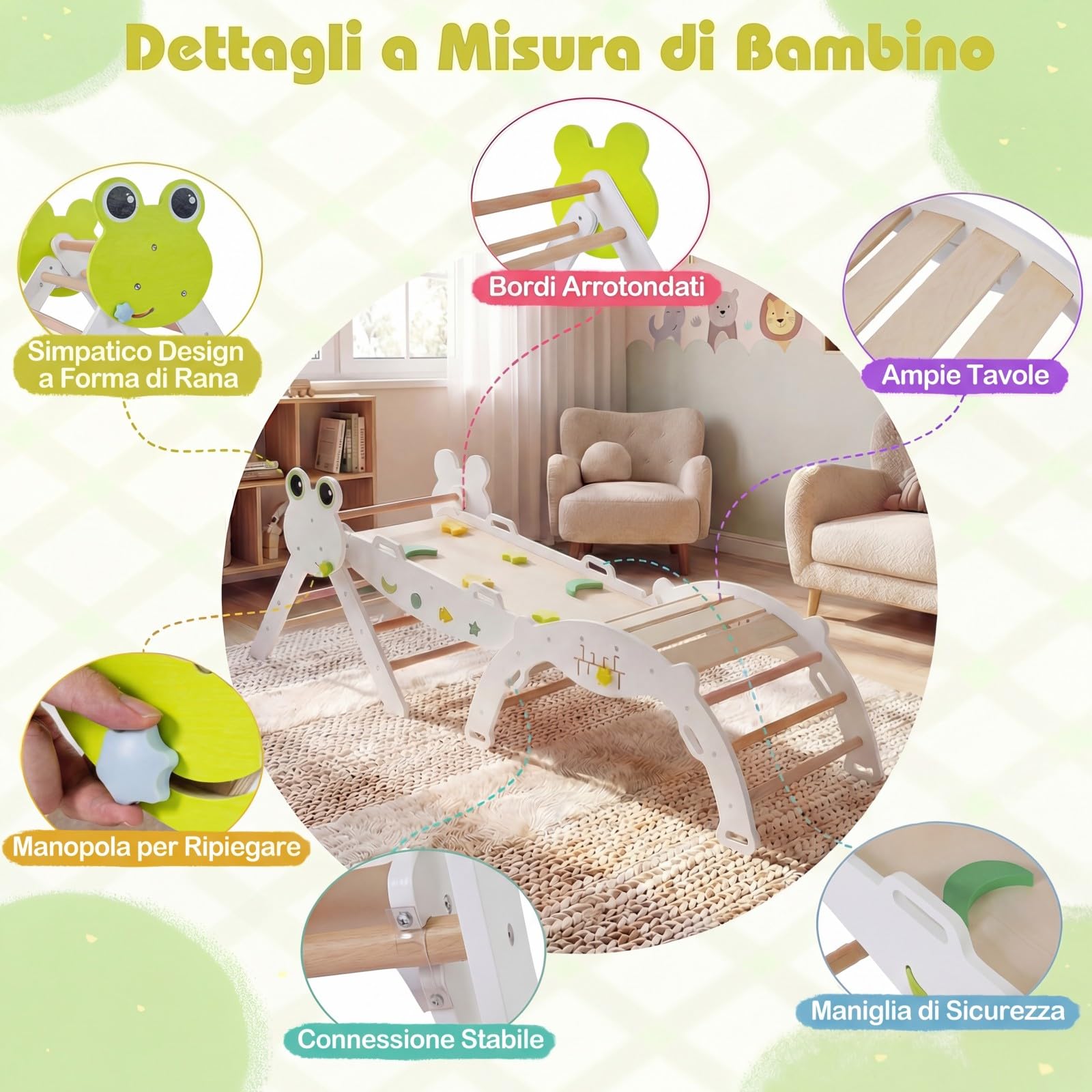 RELAX4LIFE Set da Arrampicata per Bambini, Triangolo di Arrampicata con Scivolo e Arco, Gioco di Incastri in Legno, Gioco Montessori per Bambini 1+ Anni (Rana-3 Pezzi | Bianco)