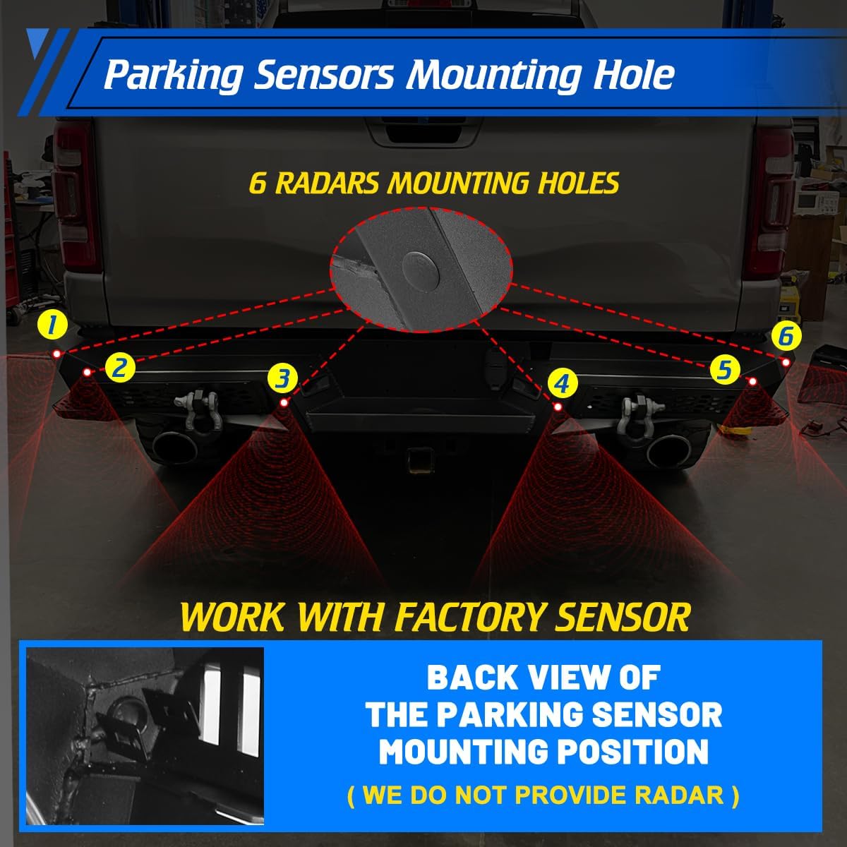 Rear bumper with six parking sensor mounting holes highlighted