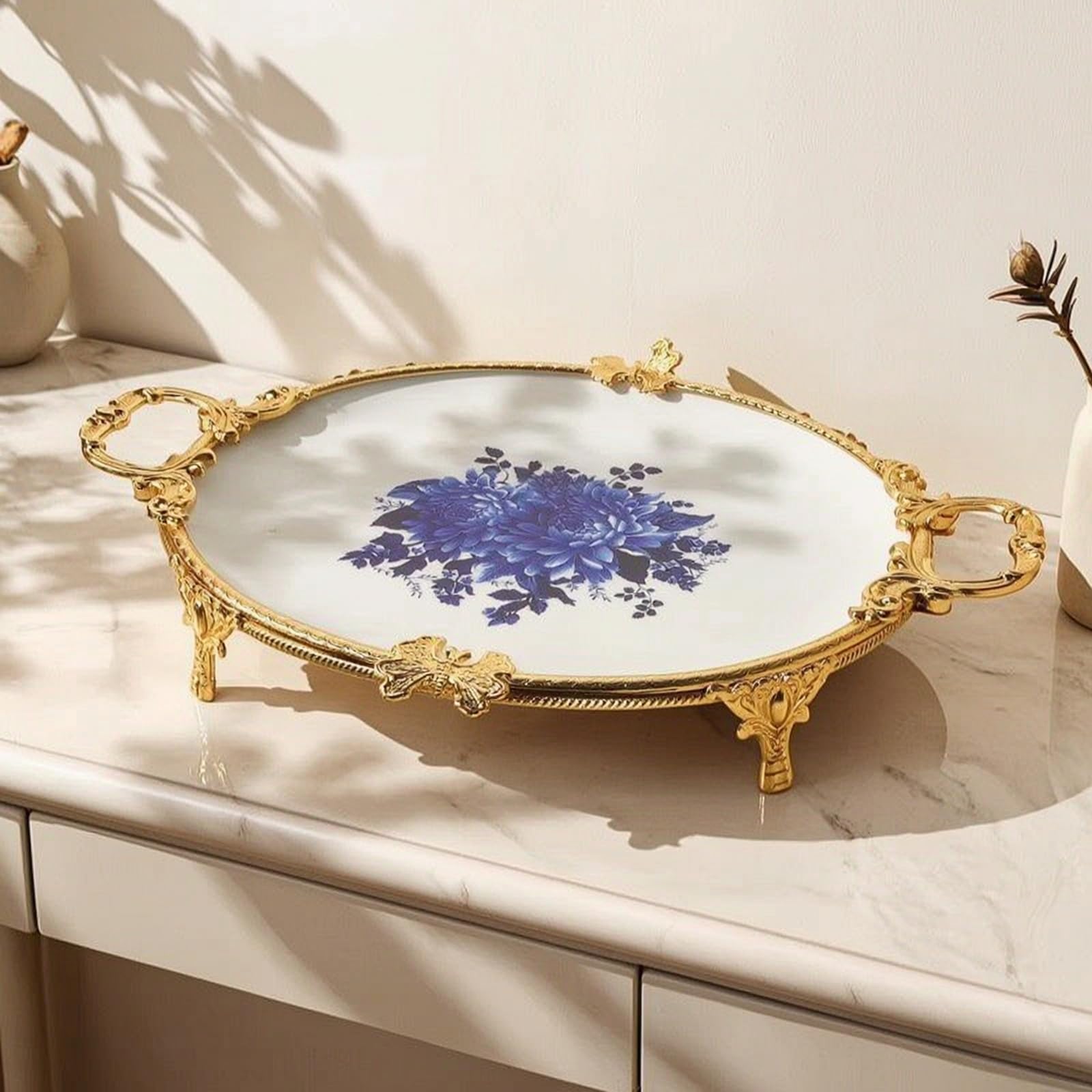 Piatto Industriale Vassoio Vassoio da Portata Vassoio Ovale Piatto da Servire Ceramica E Metallo con Manici Decorativi, Oro, Ovale 45 Cm, Oro con Motivo Floreale