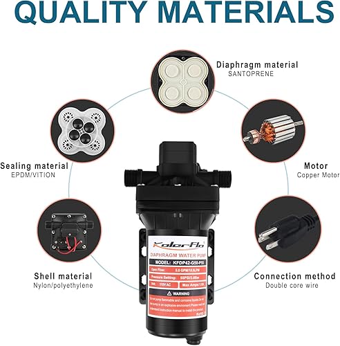 Miniatura 7 de KOLERFLO Bomba de diafragma de presión de agua de 110 V, bomba de alta presión de 5.0 GPM 55 PSI con interruptor de presión integrado y enchufe de
