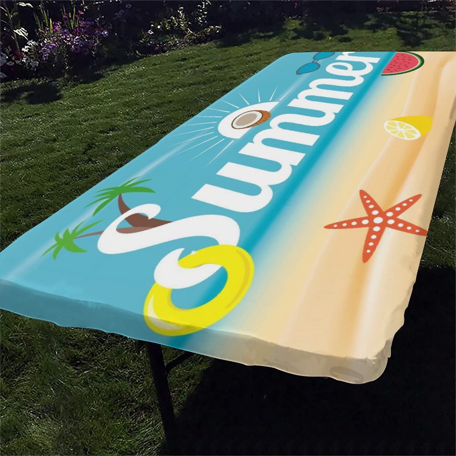 SongYi Summer Tablecloth Rectangle, Waterproof Fitted Table Cloth for Outdoor Picnic Parties, Fresh Theme Elastic Edged Washable Cover 6 Foot Folding Table, Wheat White, ft, 30x72 inch