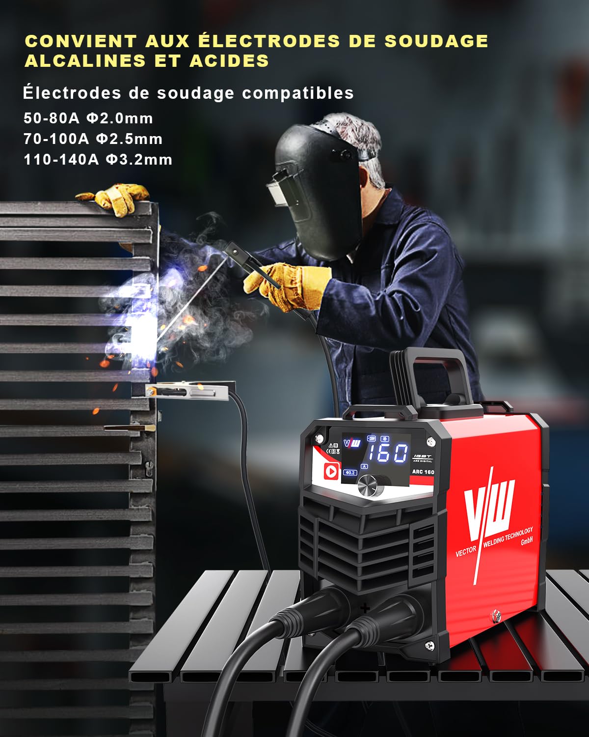 VECTOR WELDING Poste de Soudage à Électrode 160A, Poste à Souder MMA/ARC | Poste de Soudage Portable avecTechnologie IGBT y Écran LED, Kit de Soudage ARC 160