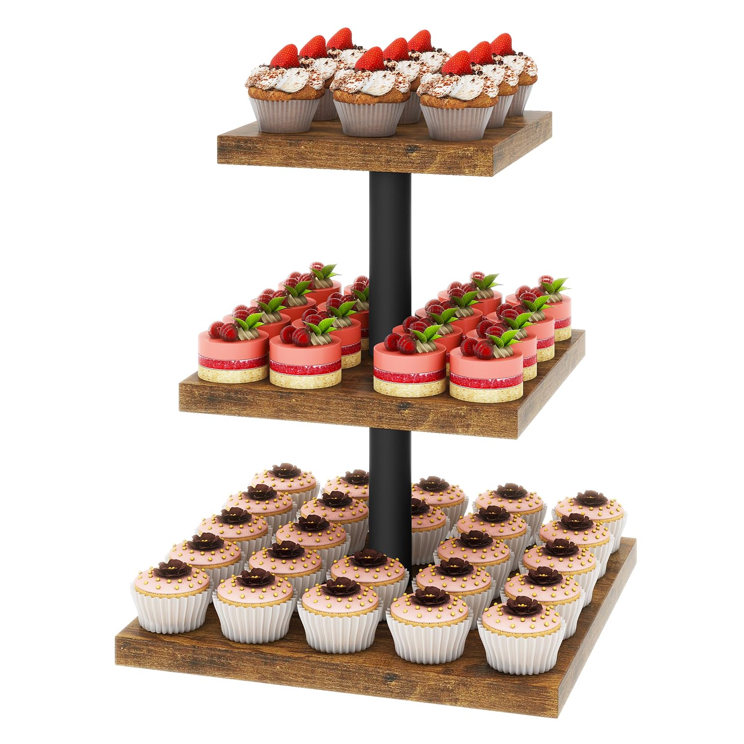 IBUYKE Supporto torre a 3 livelli per cupcake, espositore quadrato in legno resistente, per festeggiamenti marrone rustico TLJ014H