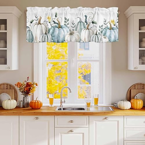 Miniatura 2 de Cortina de cenefas de otoño con diseño de calabaza azul, para Acción de Gracias, cortinas de cocina con hojas y plantas, decoración de ventana para