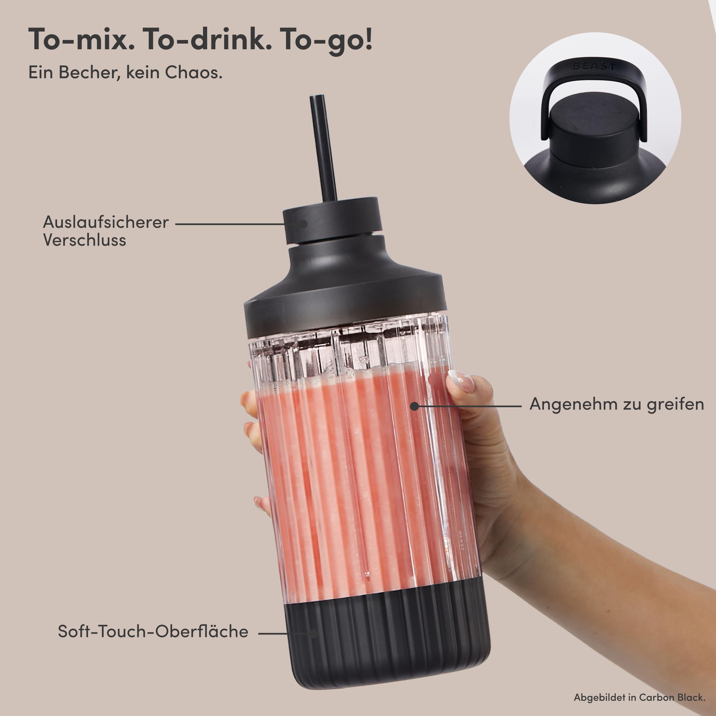 BEAST Standmixer 1200W - Smoothie Maker Hochleistungsmixer mit 3 Tritan Mixbechers -1200 ml - To-go Trink - und Aufbewahrungsdeckel - Mixer für Smoothies, Eis und Shakes