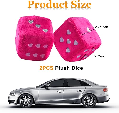 Miniatura 8 de Ziciner Par de dados de felpa mullidos para espejo de automóvil, dados cuadrados retro de 3 pulgadas con forma de corazón, decoración colgante de