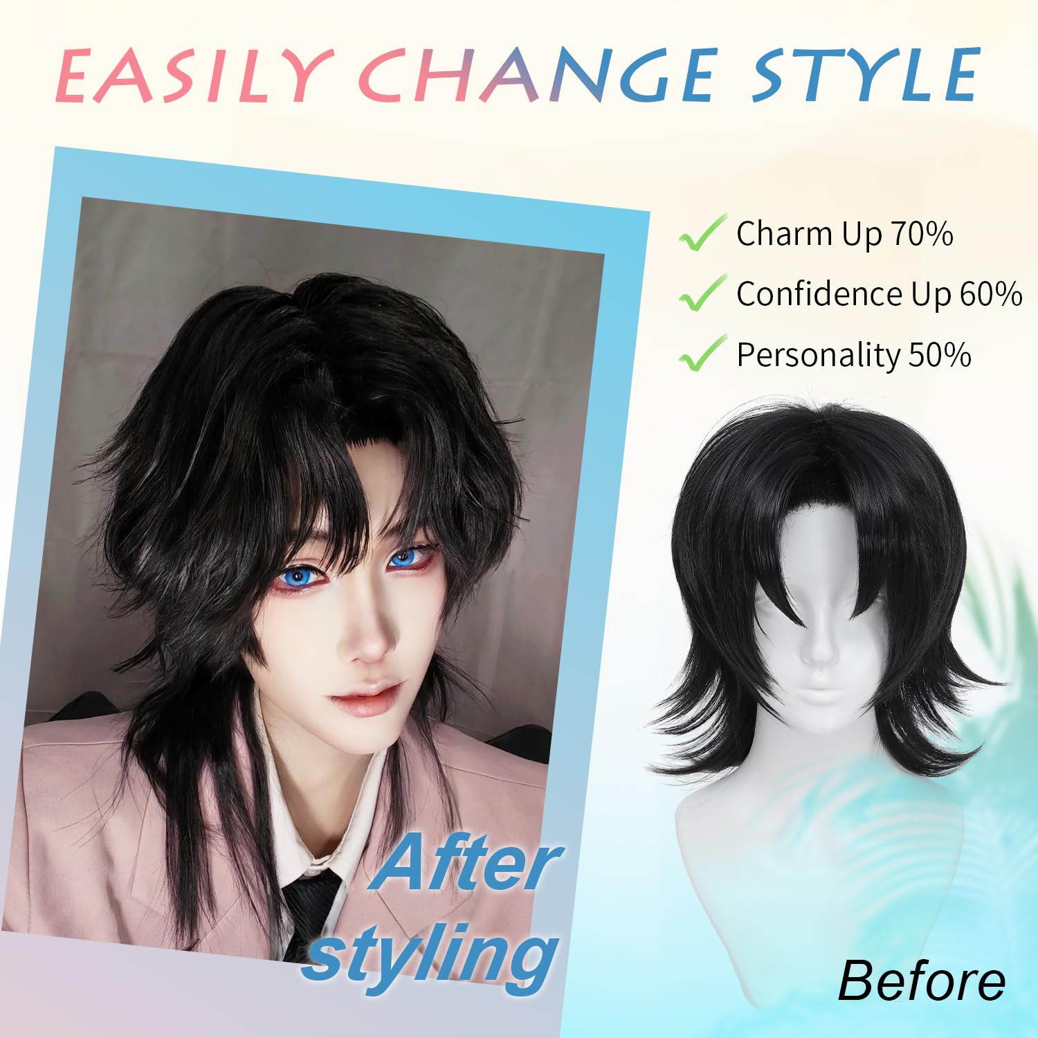 Fashion Men's Short Straight Wig Middle Side Black Cosplay Wig for Halloween Costume Christma Anime Wigs Synthetic Hair