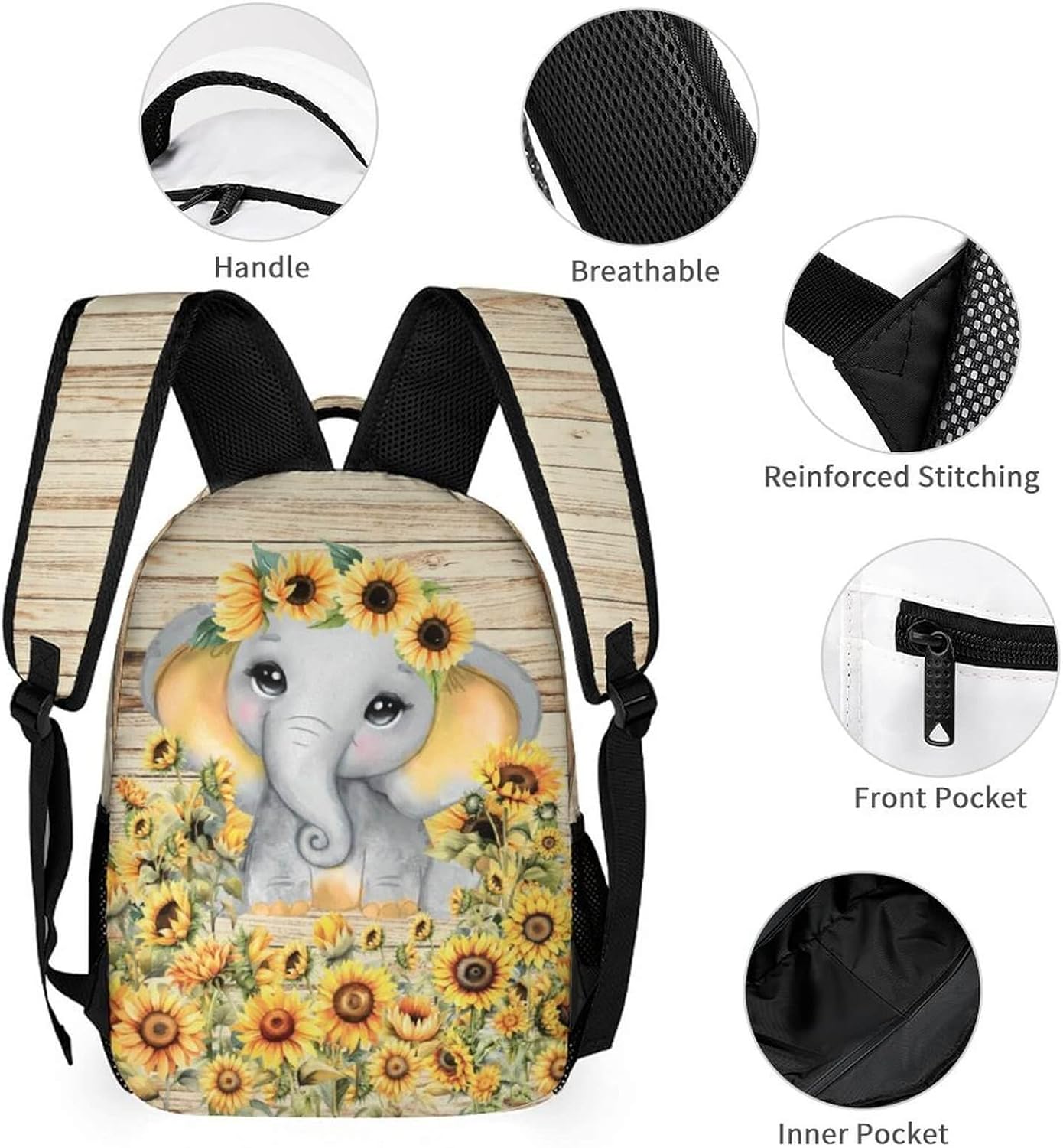 Elephant Backpack with Lunch Box & Pencil Case, 16 Inch Cute Elephant Themed Bookbag, Adjustable Lightweight Large Capacity, Colorful Elephant Backpack Set for Kids Girls Boys School - Image 3