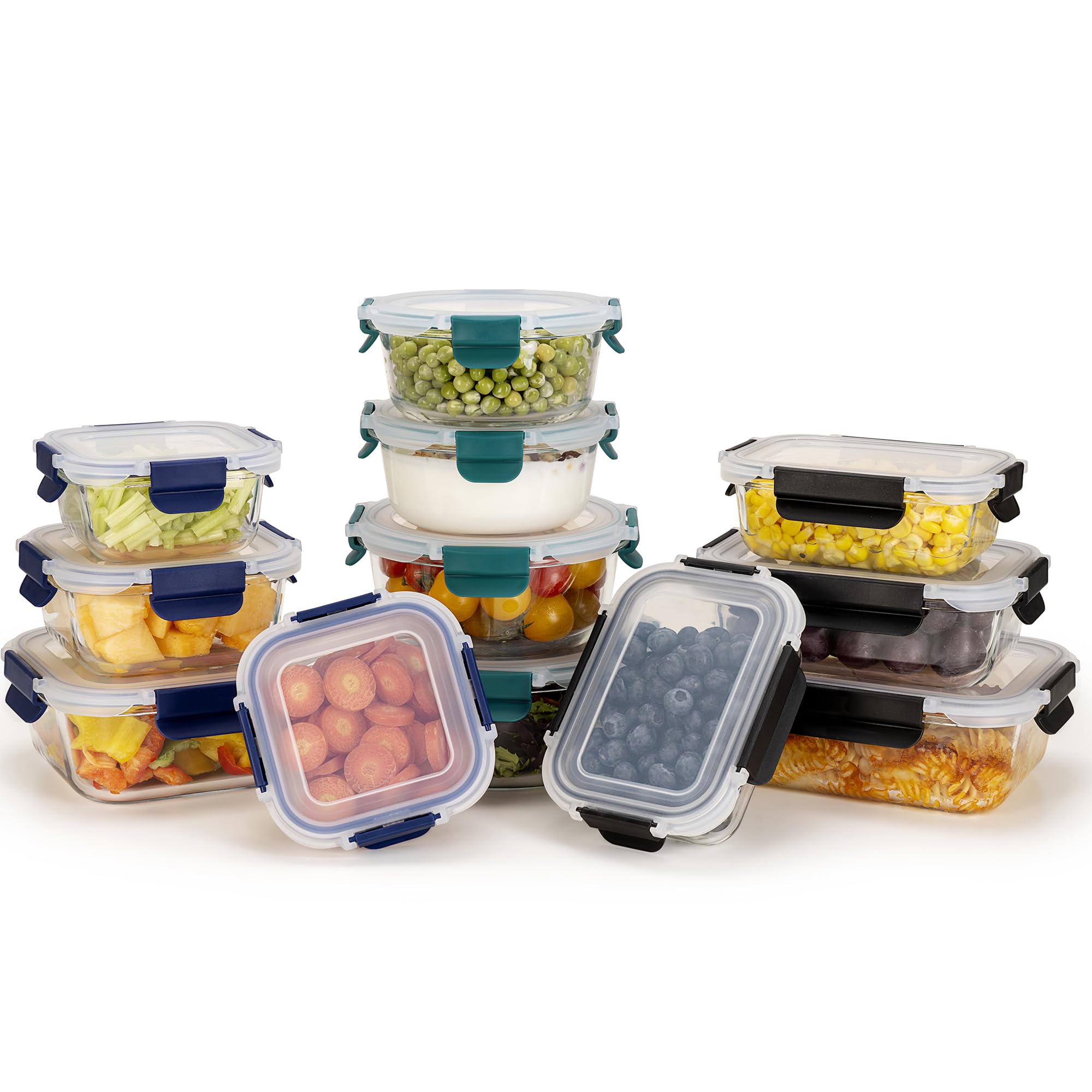 Houszy Green-Blue-Black Glass Food Containers With Lids – 12 Pack – Borosilicate Glass Meal Prep Set – Airtight, Leakproof, Microwave & Freezer Safe – 3 Shapes, 4 Sizes Each (Black, Blue & Green Lids)