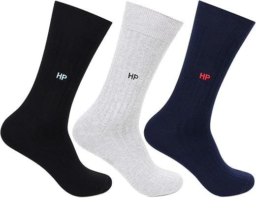 Hush Puppies Men’s Cotton Crew Length Socks (Free Size) – Multicolor Pack of 3 | Comfortable, Breathable &amp; Durable Daily W...