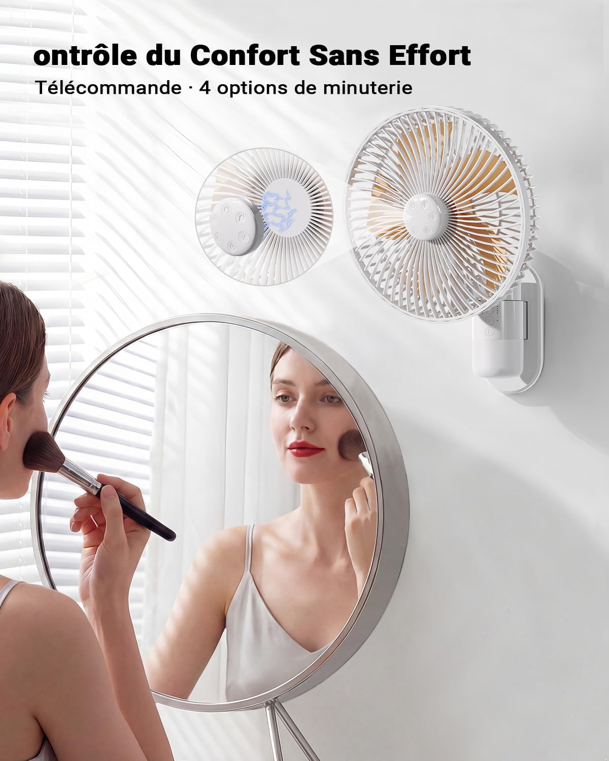 Ventilateur Mural 26 cm avec Éclairage et Télécommande, Silencieux 30 dB, Flux d’Air Puissant 5,2 m/s, Minuterie, Oscillation 90°, 4 Vitesses, Inclinaison 180° pour Chambre, Bureau, Camping-Car