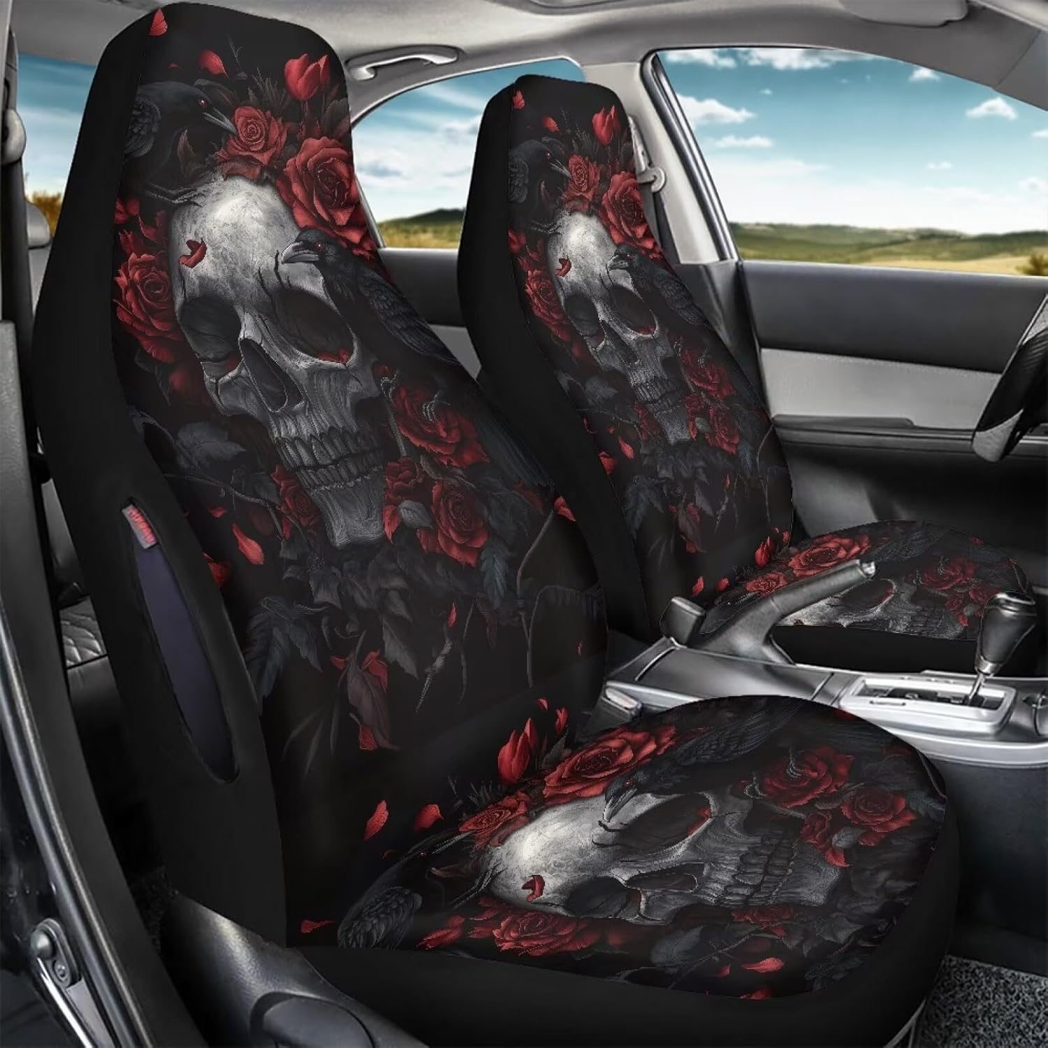 Bulopur Skull Red Rose Crows Front Car Seat Covers Waterproof Washable Auto Seat Covers High Back Airbag Compatible Auto Bucket Cushions Universal for SUV Truck Sedan, Easy to Install and Removable