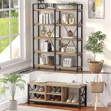FATORRI Industrial 5 Tier Bookshelf and Shoe Bench for Entryway Rustic Oak