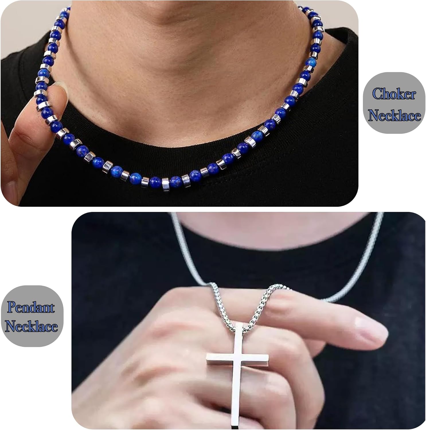 2PS Cross Necklace for Men - Black Obsidian Necklace - 6mm Healing Crystals Beaded Choker Necklace Stainless Steel Cross Pendant Jewelry Gifts for Men - Image 4