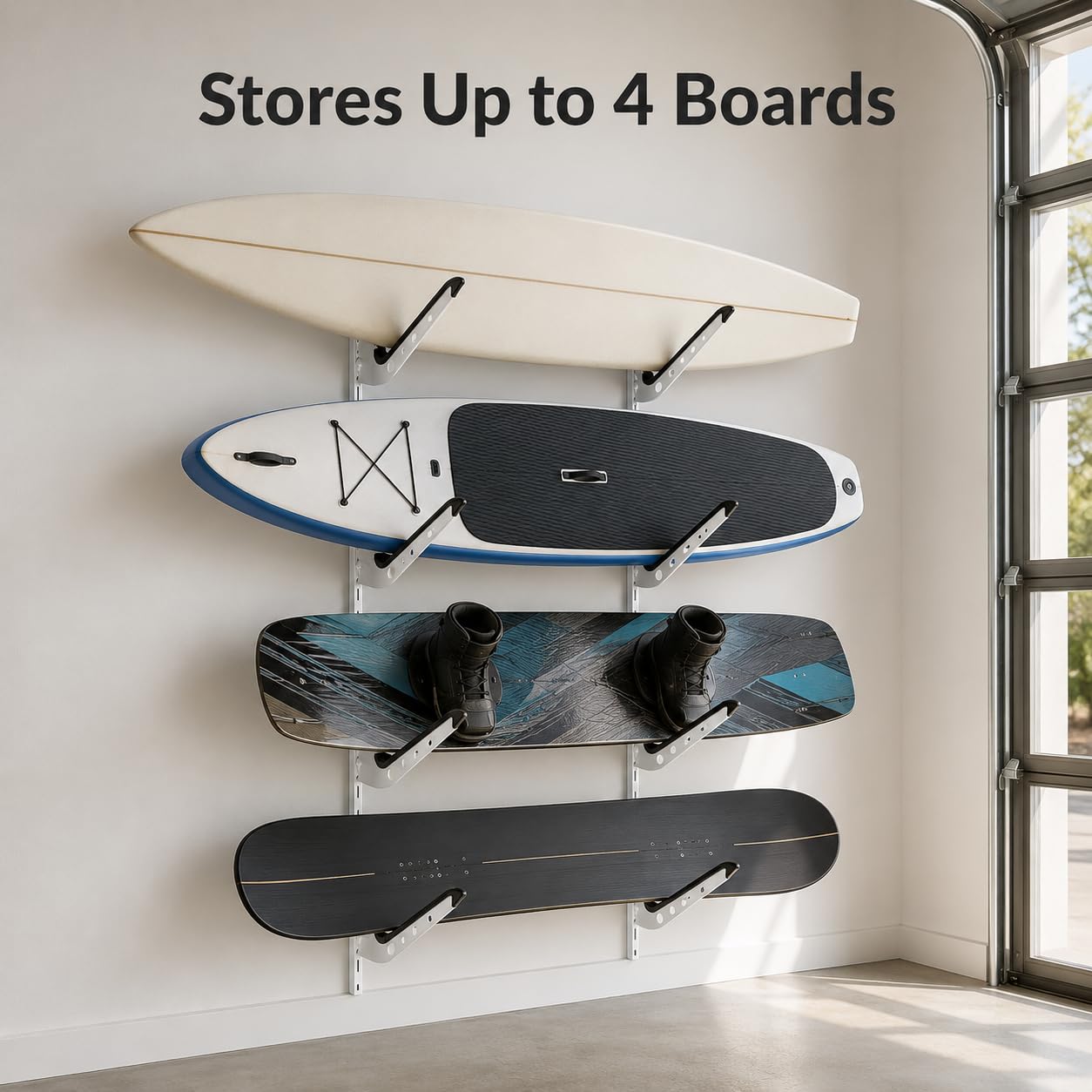 Katai Soporte de pared para tabla de surf – Soporte de pared ajustable para tablas de surf, SUP, tablas de snowboard, wakeboards y longboards – Incluye herramienta de combo de tabla