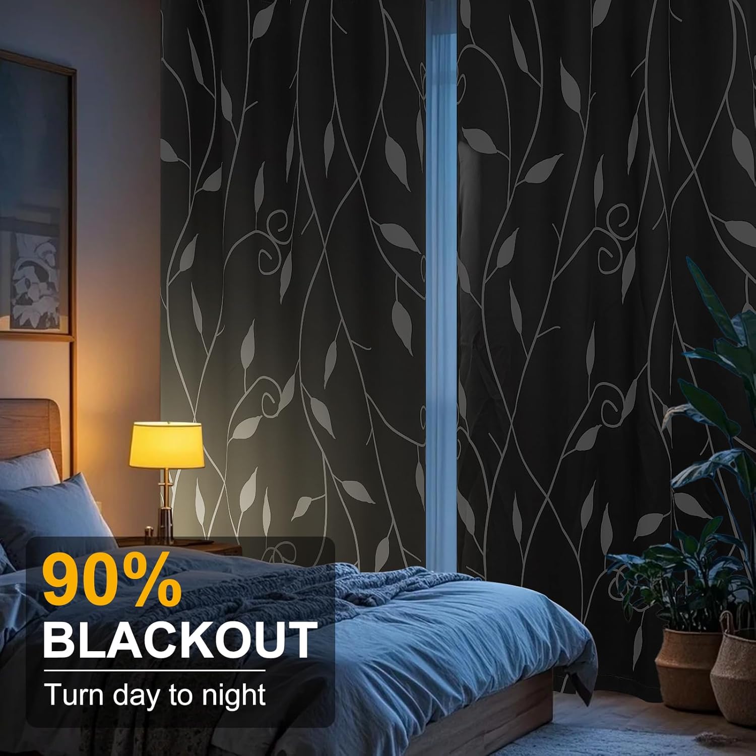 Grey Blackout Curtains for Bedroom, Leaf Print Window Curtains 84 Inches Length 2 Panels Set Noise Reducing Thermal Insulated Window Drapes for Living Room,52" W x 84" L