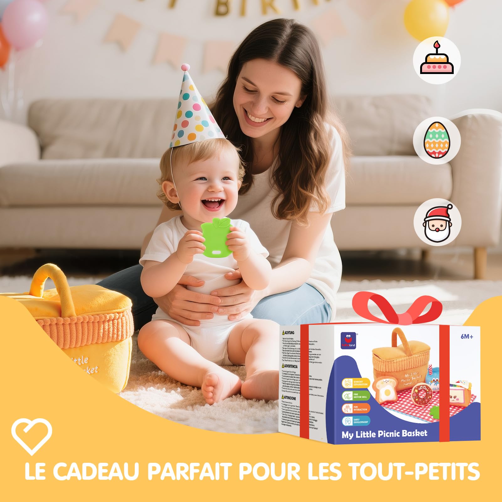 hahaland Jouets BéBé 6 à 12 Mois Peluche Sensorielle Pique-Nique – Jouet Eveil Bebe Voyage Doux Lavable avec Anneau Dentition sans BPA, Hochets, Miroir Montessori Cadeau Enfant 1+ an