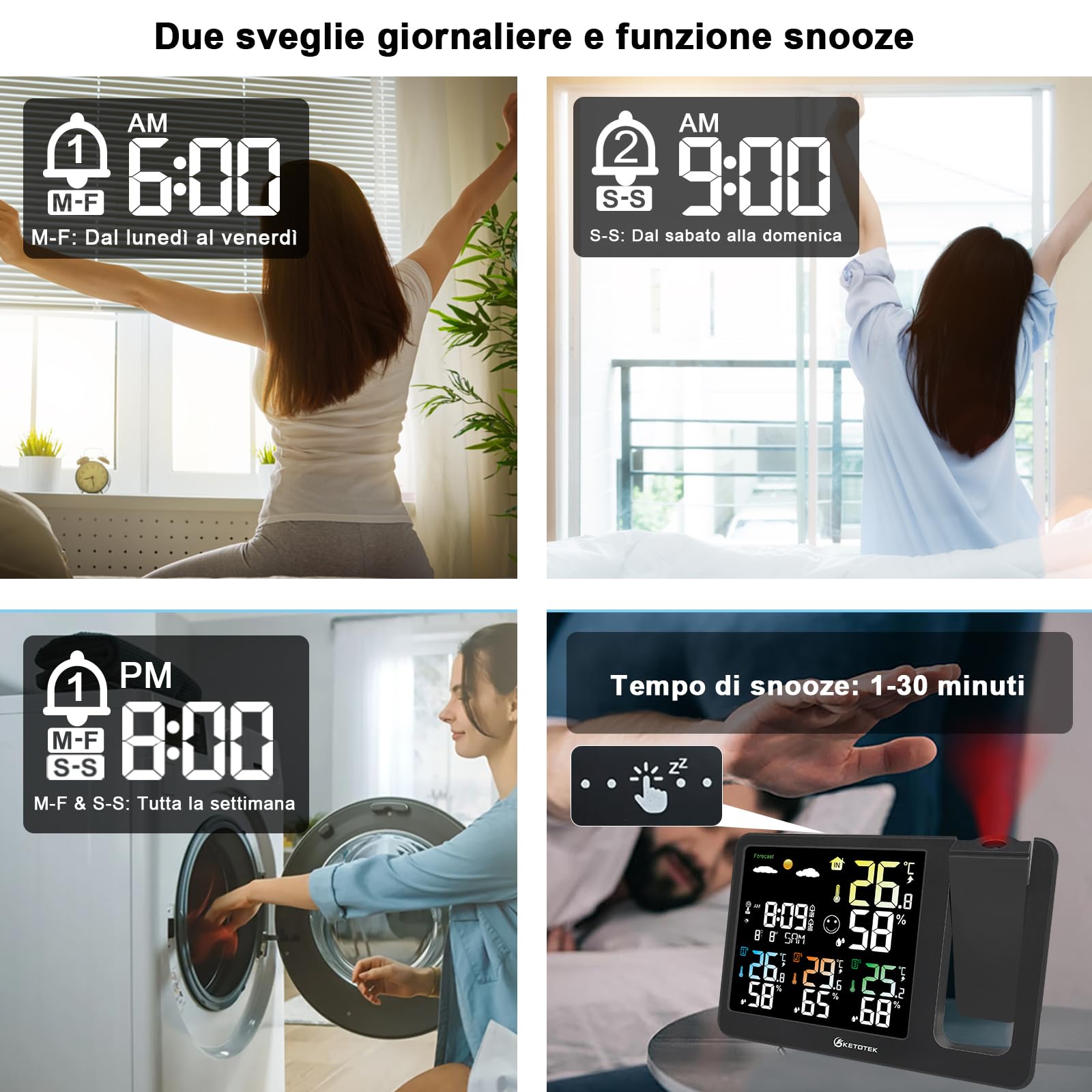 KETOTEK Sveglia Radio Digitale con Proiezione, Stazione Meteo Wireless, Termometro per Interni ed Esterni, Igrometro, Monitoraggio di Temperatura e Umidità, Previsioni Meteo con 3 Sensori Remoti
