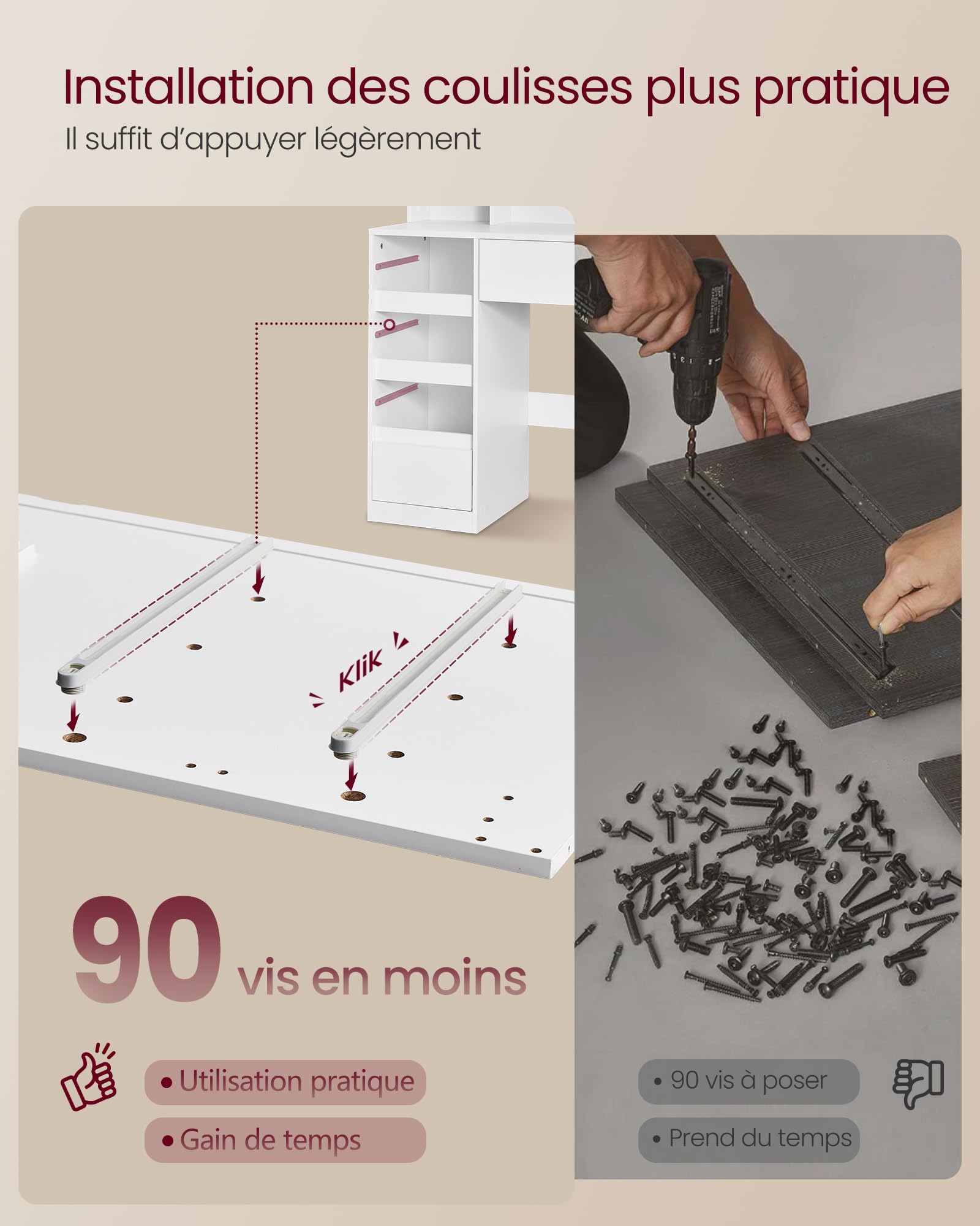 VASAGLE Kailyn Collection - Coiffeuse avec Miroir LED et Tabouret, Multiprise, 9 Tiroirs, Loupe 10x, Rangement Bijoux, Éclairage 3 Couleurs, Installation des Rails sans Outils, Blanc Nuage RDT737W01