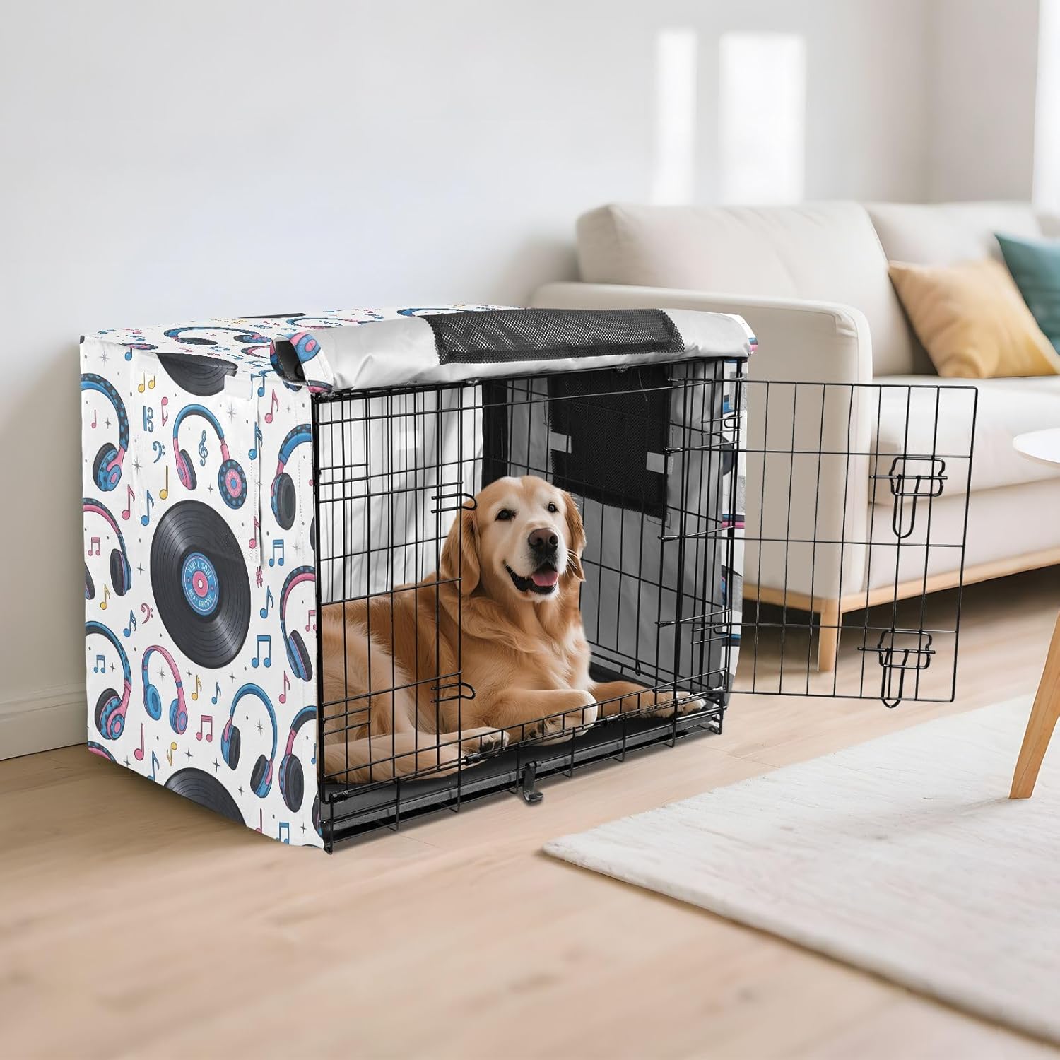 Duty 600D Silver Coated Dog Crate Cover, Water-Resistant Musical Elements Pet Kennel Canopy with Mesh Windows for Optimal Ventilation, Universal Fit for Standard Wire Cage, Indoor & Travel