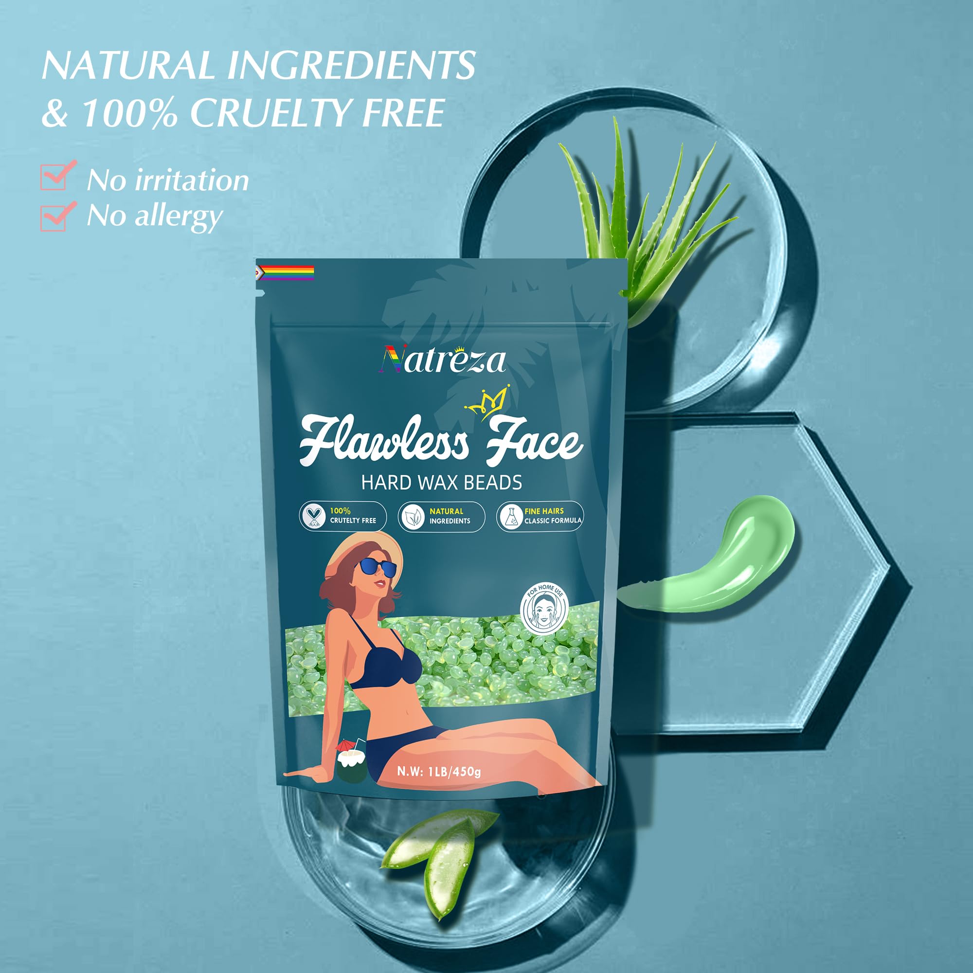 Hard Wax Beads for Hair Removal, 1lb Hard Wax for Sensitive Skin With Aloe Vera Extract, Formulated for Fine Hairs, Perfect Body Wax for Face Eyebrow Chin Upper Lip Leg Arm Bikini Waxing