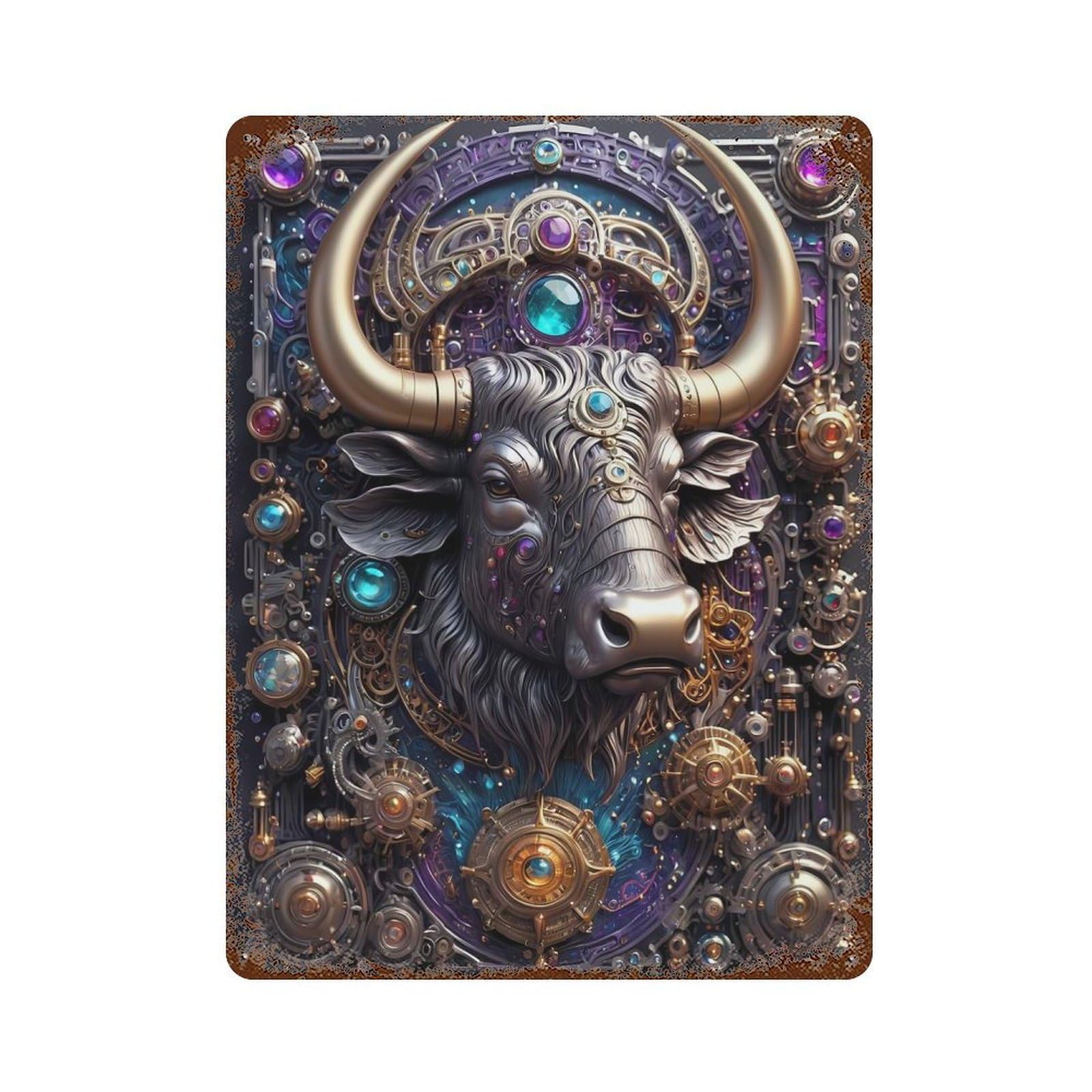 Cybernetic Steampunk Bull Aged Metal Wall Plaque 15.7"x11.8", for Office, Studio And Wall Decor, Novelty Wall Decor