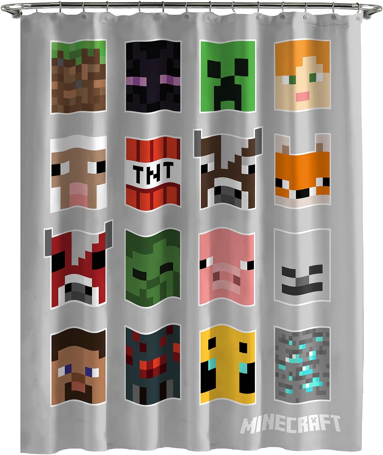 Jay Franco Minecraft Mobs and Blocks Shower Curtain & Easy Care Fabric Gamer Bath Curtain Features Creeper (Official Minecraft Product)