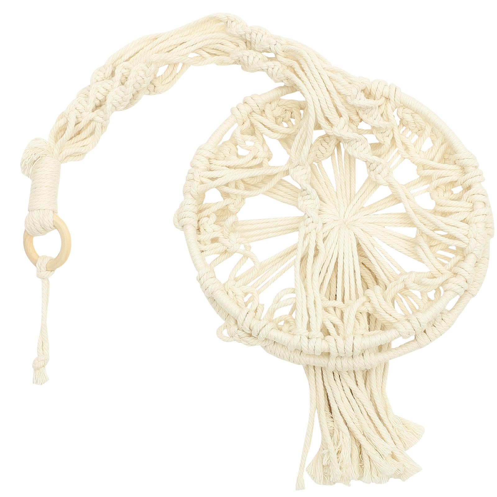 Cesta colgante de macramé de algodón beige para frutas y verduras en cocina o pared