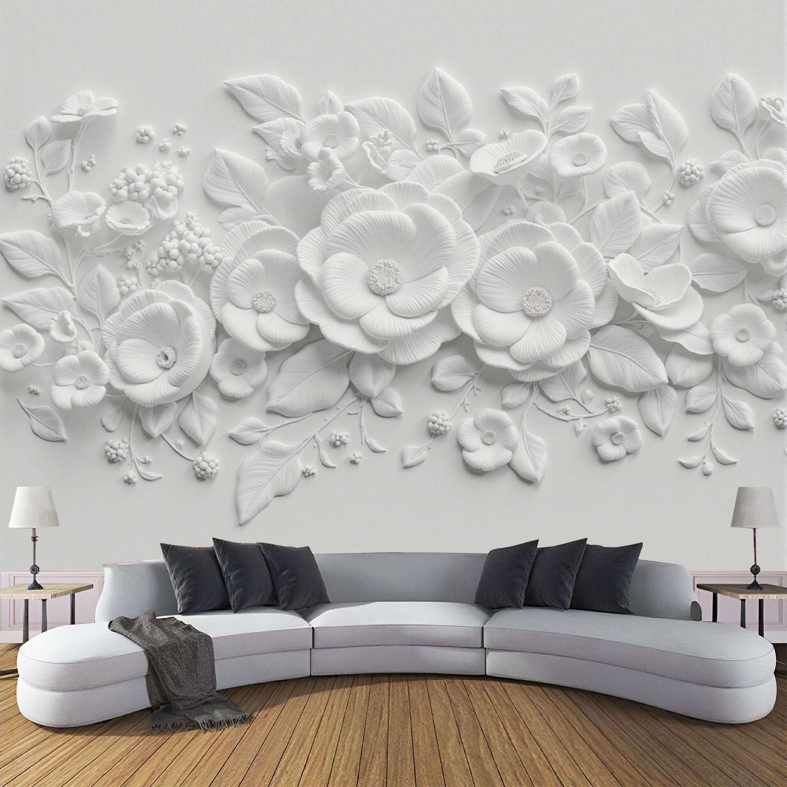 Fototapete Vlies Tapete 3D Effekt Fototapeten Einfarbiges Blumenrelief Vliestapete Einfache Pflanzen Tapeten Weiß Moderne Wandtapete, Wohnzimmer, Tv Hintergrund Deko, 300X210Cm (B×H)