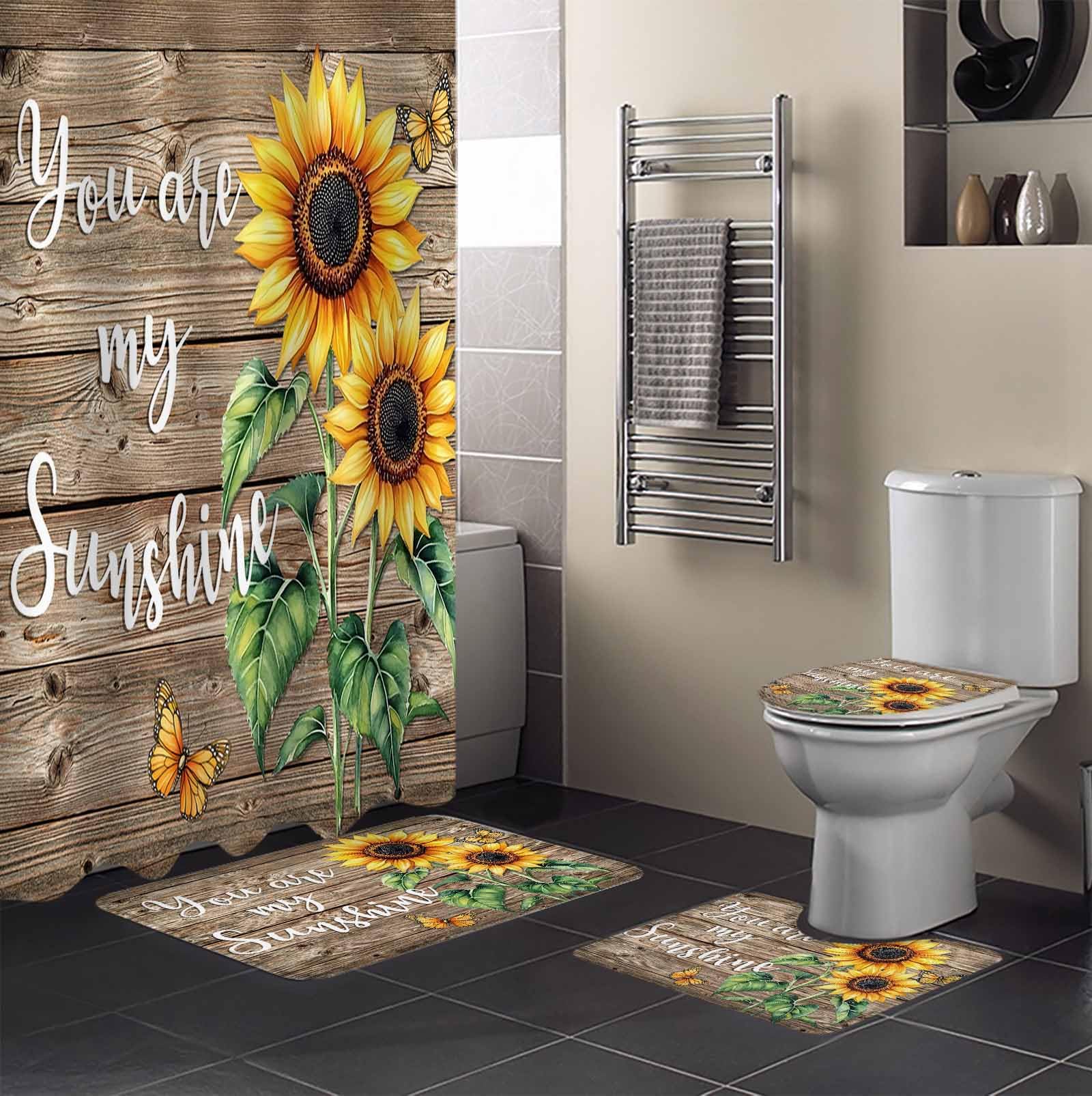 Yellow Sunflower Bathroom Set with Shower Curtain and Rug Accessories - 36x72 Inches Long Butterfly Sunshine Brown Farmhouse Wood Stall Curtain Waterproof with Large Bath Mat,Washable Runner Rug Set