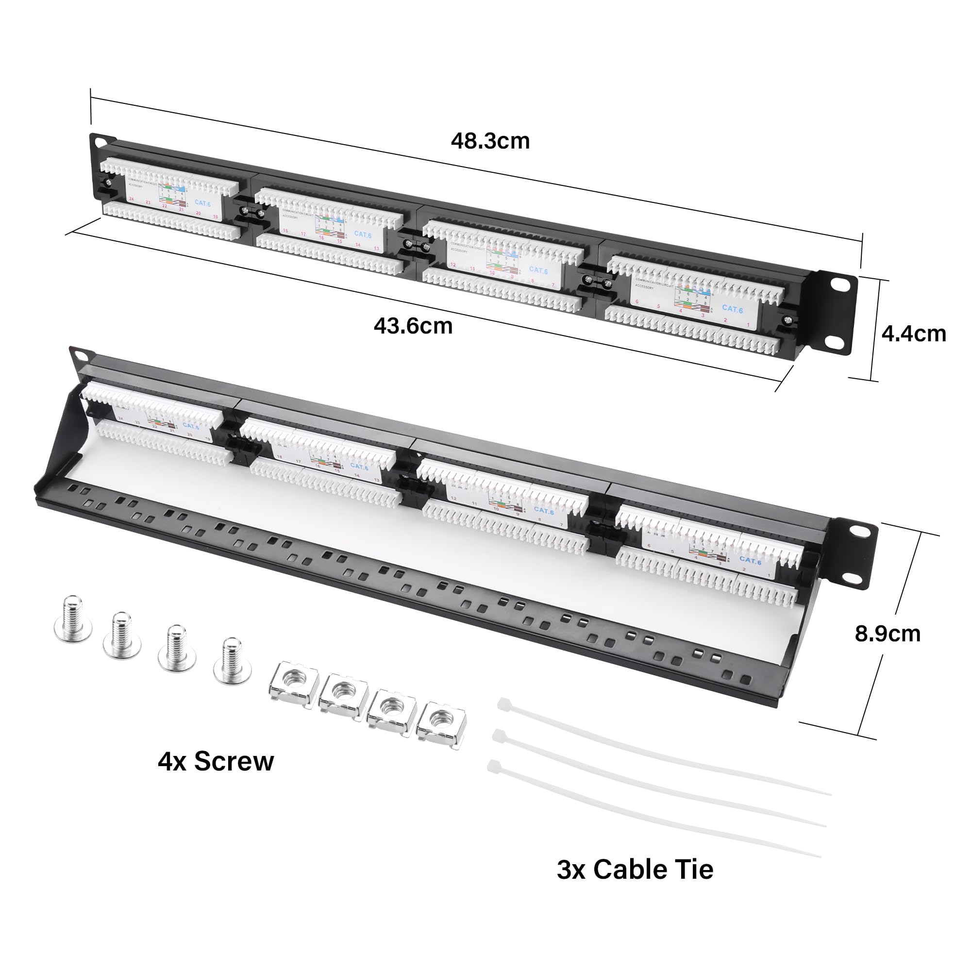 Pannello patch Cat6 da 10 Gbps, 24 porte RJ45, per montaggio su rack da 19", compatibile con Cat6, Cat5e, Cat5