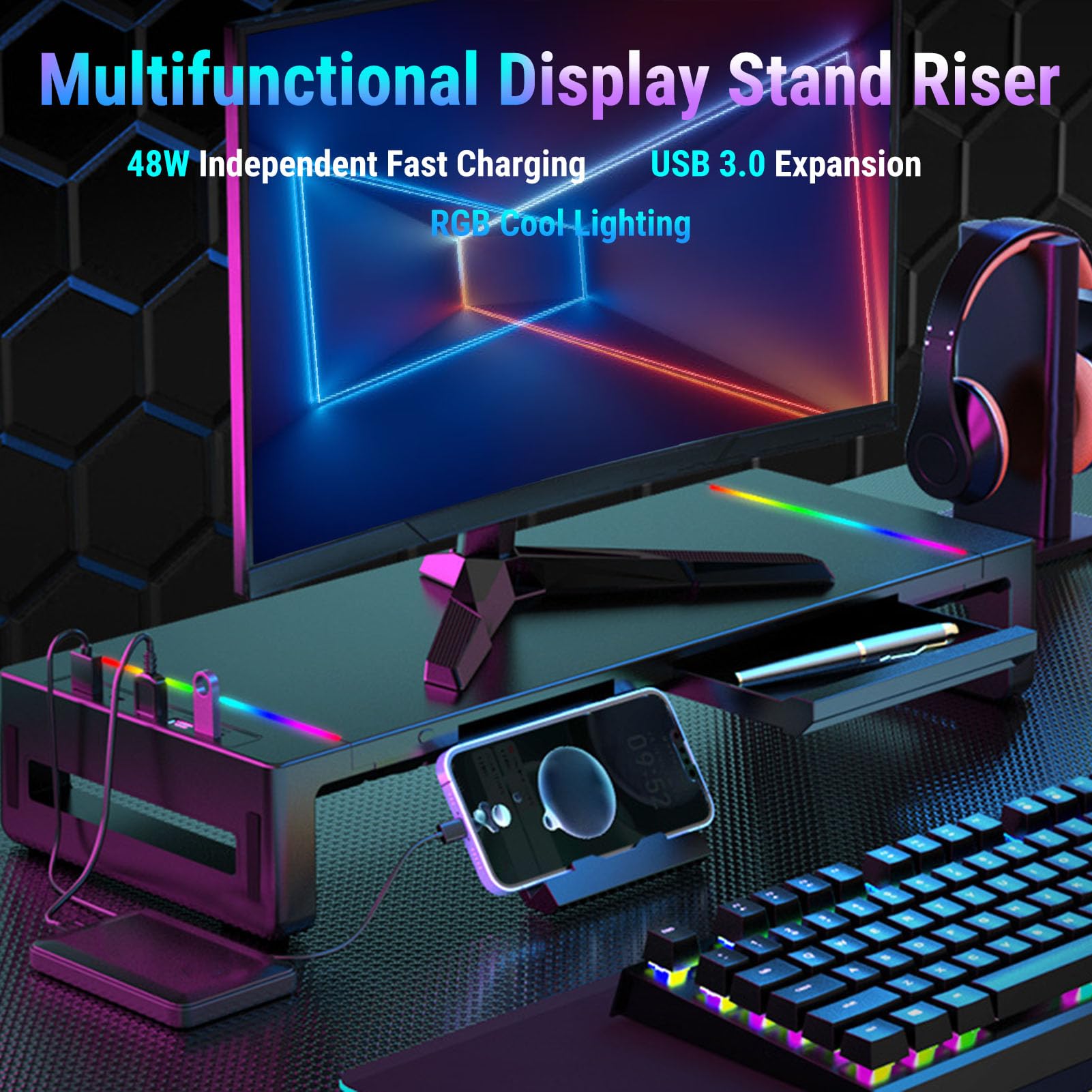 Annadue Supporto per Monitor da Scrivania con 4 Hub USB 3.0, Supporto per Schermo da Computer Pieghevole con Cassetto Portaoggetti e Supporto per Telefono, Organizer da Scrivania per
