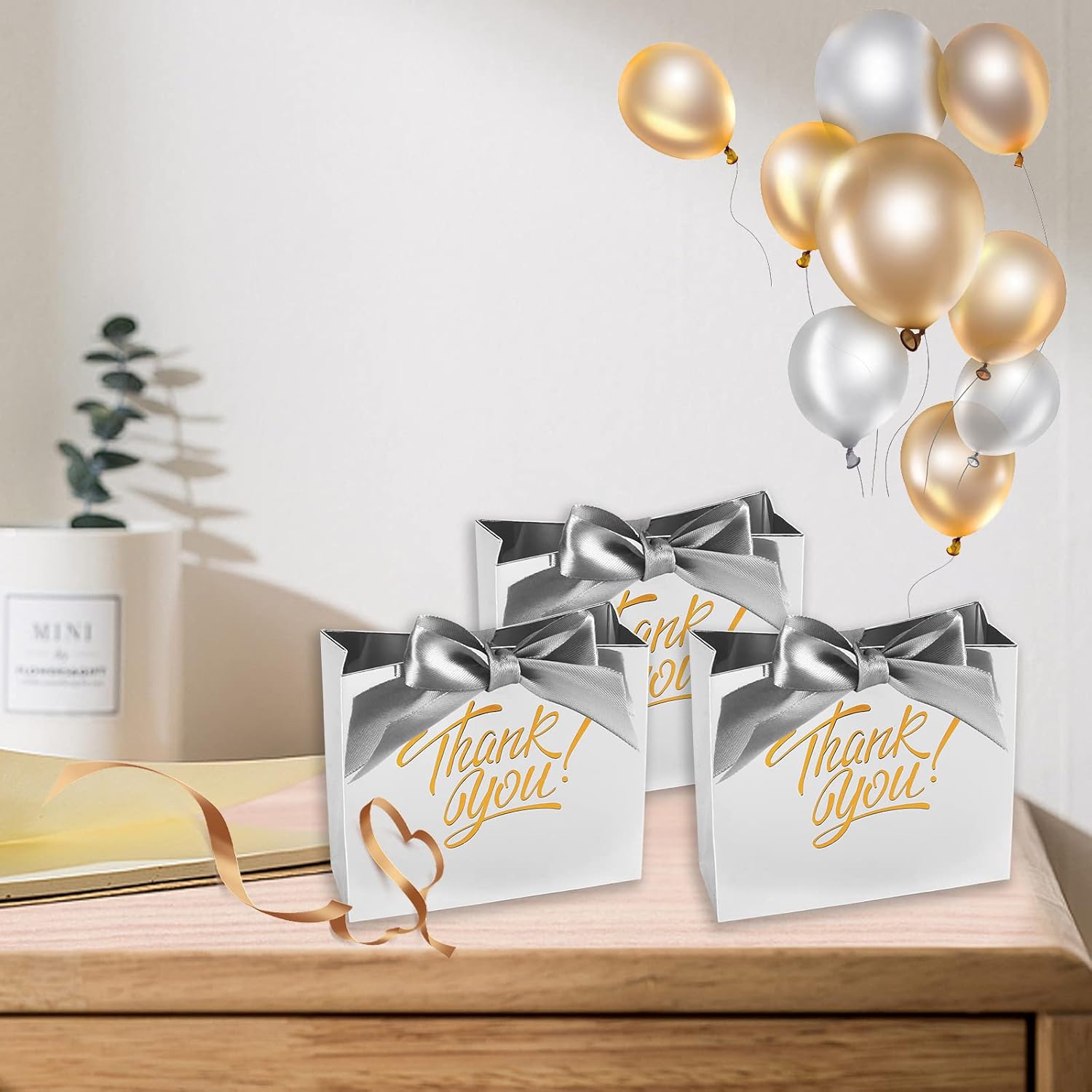 KPOSIYA Small Gift Bags, 50 Pack Small Thank You Bags 4.5x1.8x3.9 Inches Party Favor Bag Silver Paper Candy Boxes with Bow Ribbon,Mini Gift Box for Wedding Baby Shower Birthday Bridal Business Party Supplies (Silver) - Image 3
