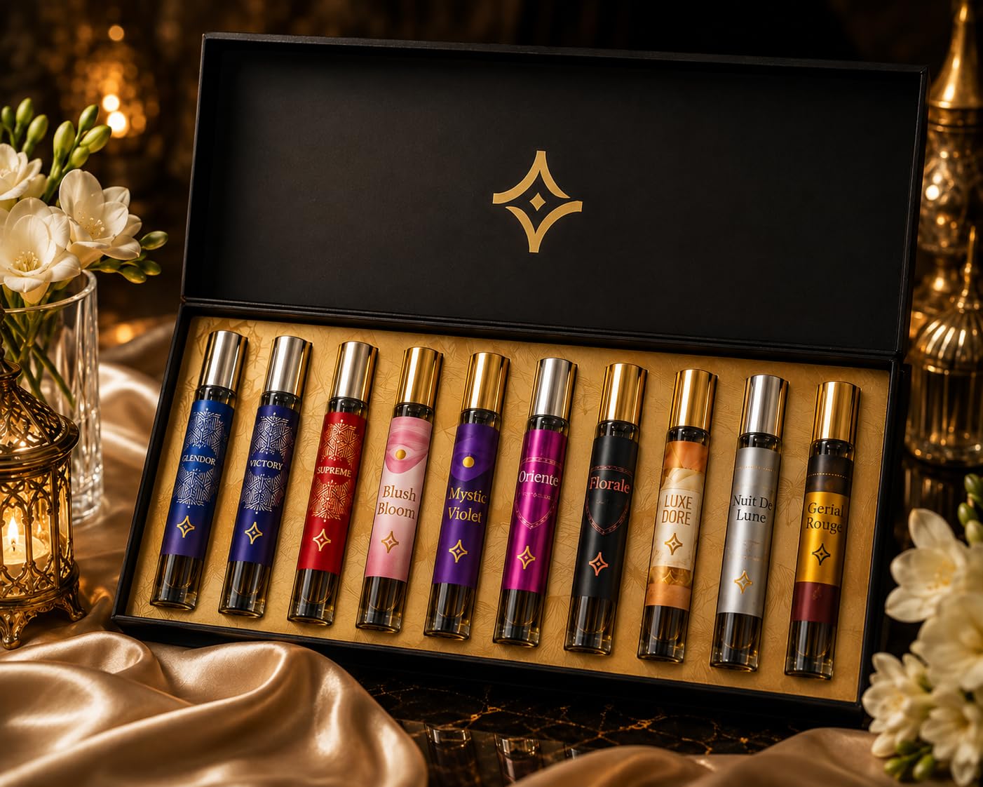 Set Splendor - Victory - Supreme - Blush Bloom - Mystic Violet - Oriente - Florale - Luxe Dore - Nuit De Lune - Gerial Rouge Eau de Parfum 10ml Made in UAE