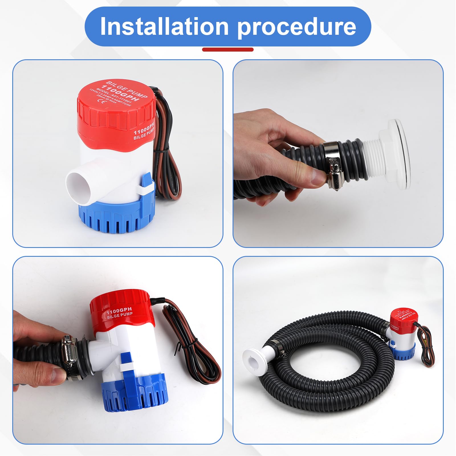 CPROSP Bomba de Achique 12V para Agua 1100GPH con Manguera de φ29mm con 1x 1,88M Manguera Gris y 2 Abrazaderas Silenciosa para Caravanas, Barcos de Pesca, Piscinas Pequeñas y Fuentes