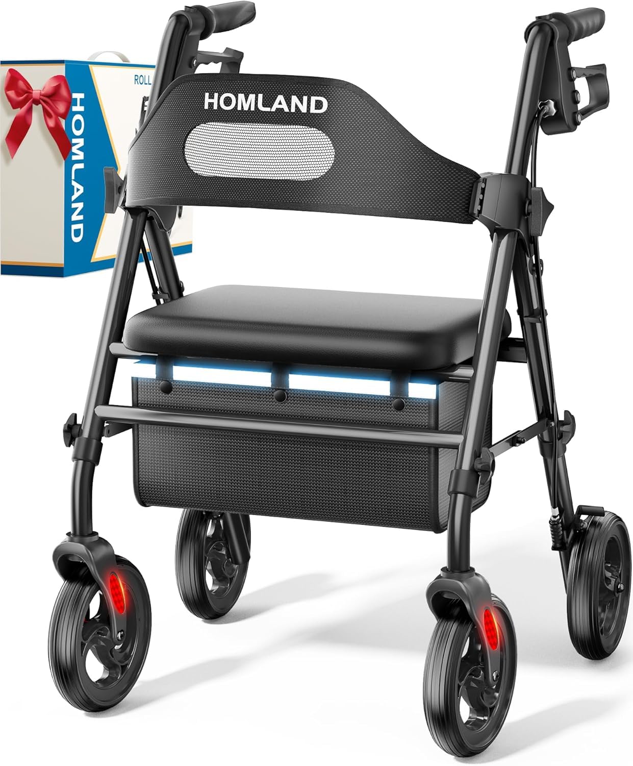 HOMLAND Foldable Rollator Walkers with Seat for Seniors, 8'' Big Wheels, 350 lb. Weight Capacity, Adjustable Handles and Seat Height, Lightweight Rolling Walker, Black
