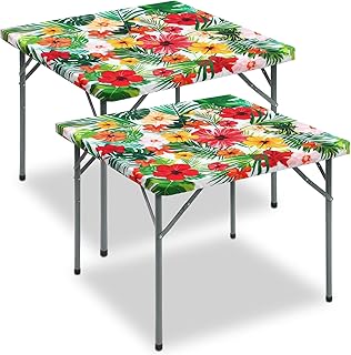 2 Pcs 36x36 Inch Tropical Palm Leaf Square Fitted Tablecloth with Elastic Edge Card Table Waterproof Wipeable Hawaii Summer Table Cover for Indoor, Picnic, Kitchen, Dinner, Wedding, Birthday