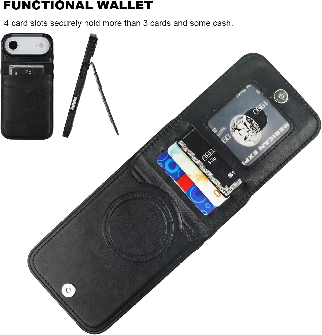 KIHUWEY for iPhone 17 Air Case Wallet Compatible with MagSafe Wireless Charging, Credit Card Holder, RFID Flip Leather Magnetic Clasp Kickstand Heavy Duty Protective Cover 6.5 Inch (Black)