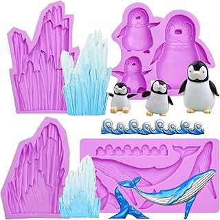 Arctic Animal Silicone Molds Set, Purple Penguin and Whale Fondant Molds for Cake Decorating, Ice Crystal Resin Craft Mold, Chocolate Making, 4 Pieces with Ice Texture Design