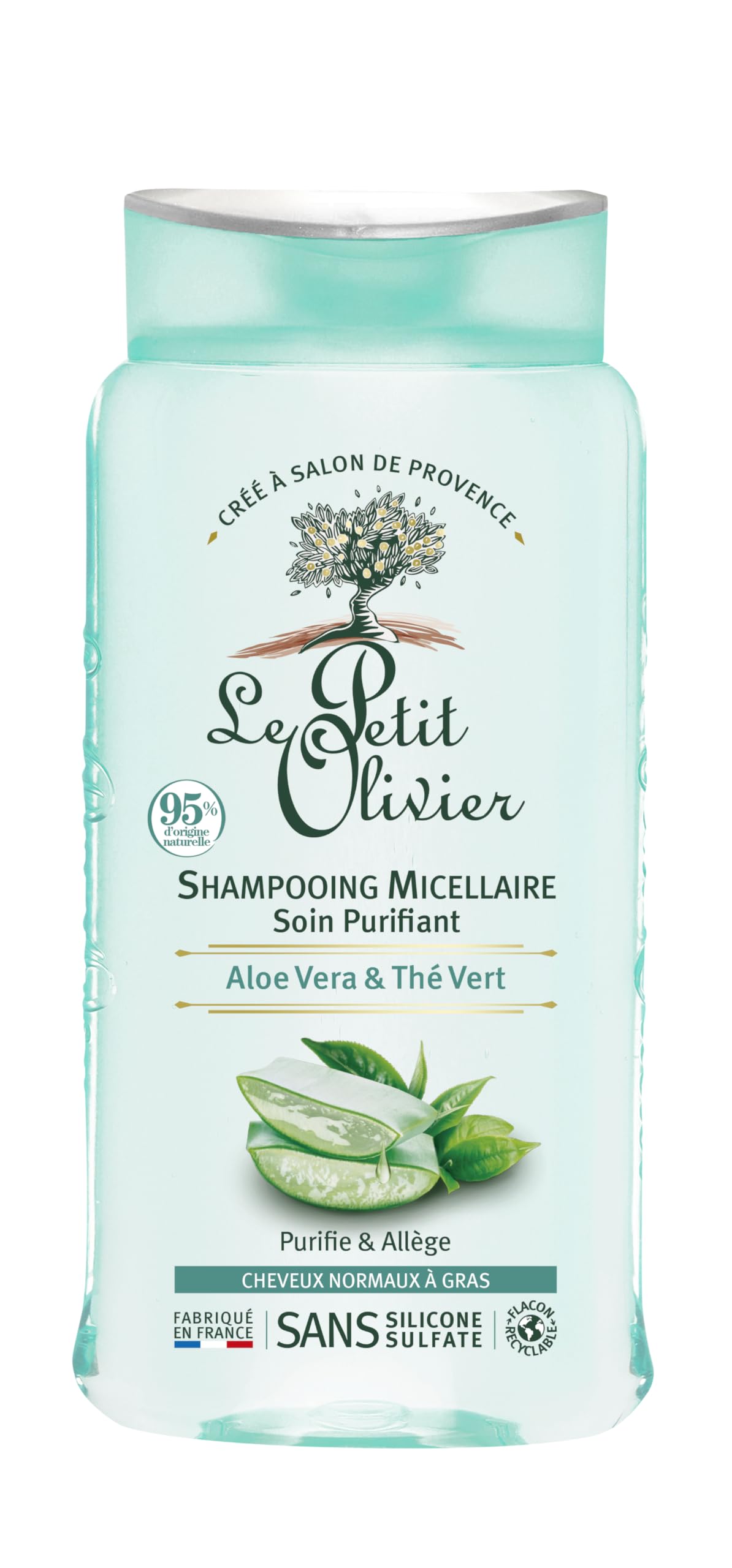 LE PETIT OLIVIER - Shampooing Micellaire Soin Purifiant - Aloe Vera & Thé Vert - Purifie & Allège - Cheveux Normaux à Gras - Sans Silicone & Sans Sulfate - Fabriqué en France - 250 ml