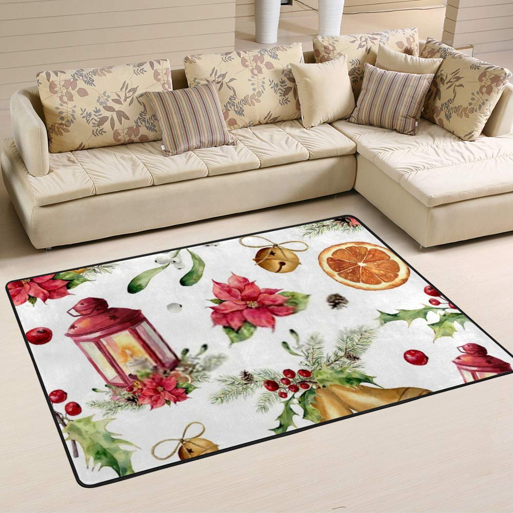 Tapis de Noël Aquarelle avec cloche et houx blanc 63x48 pouces grand tapis salon
