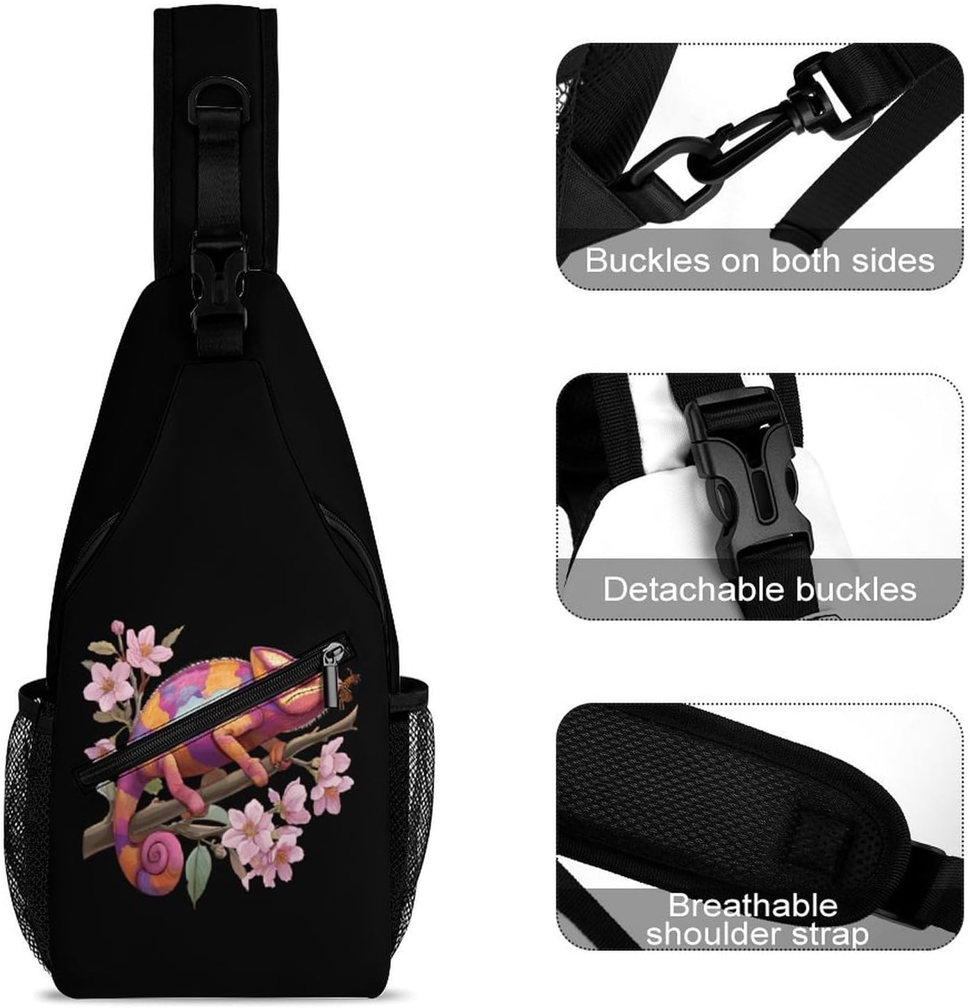 Chameleon Print Men Crossbody Sling Backpack Chest Bag | Travel Fanny Pack,Hiking Daypack,Print Shoulder Bags