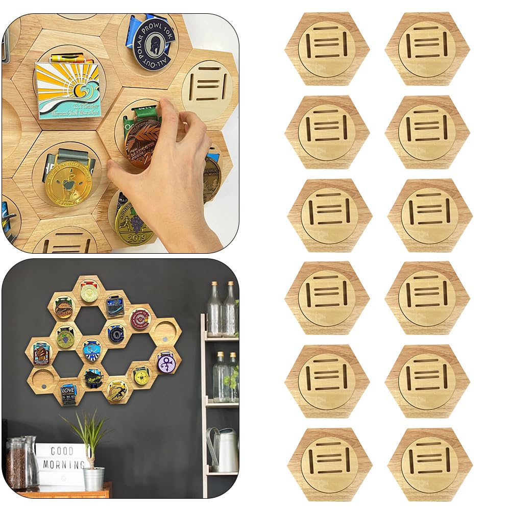 6/12 Pack Medal Display Hanger Rack Wooden Hexagon Honeycomb Medal Storage Case for Sports Races and Marathons