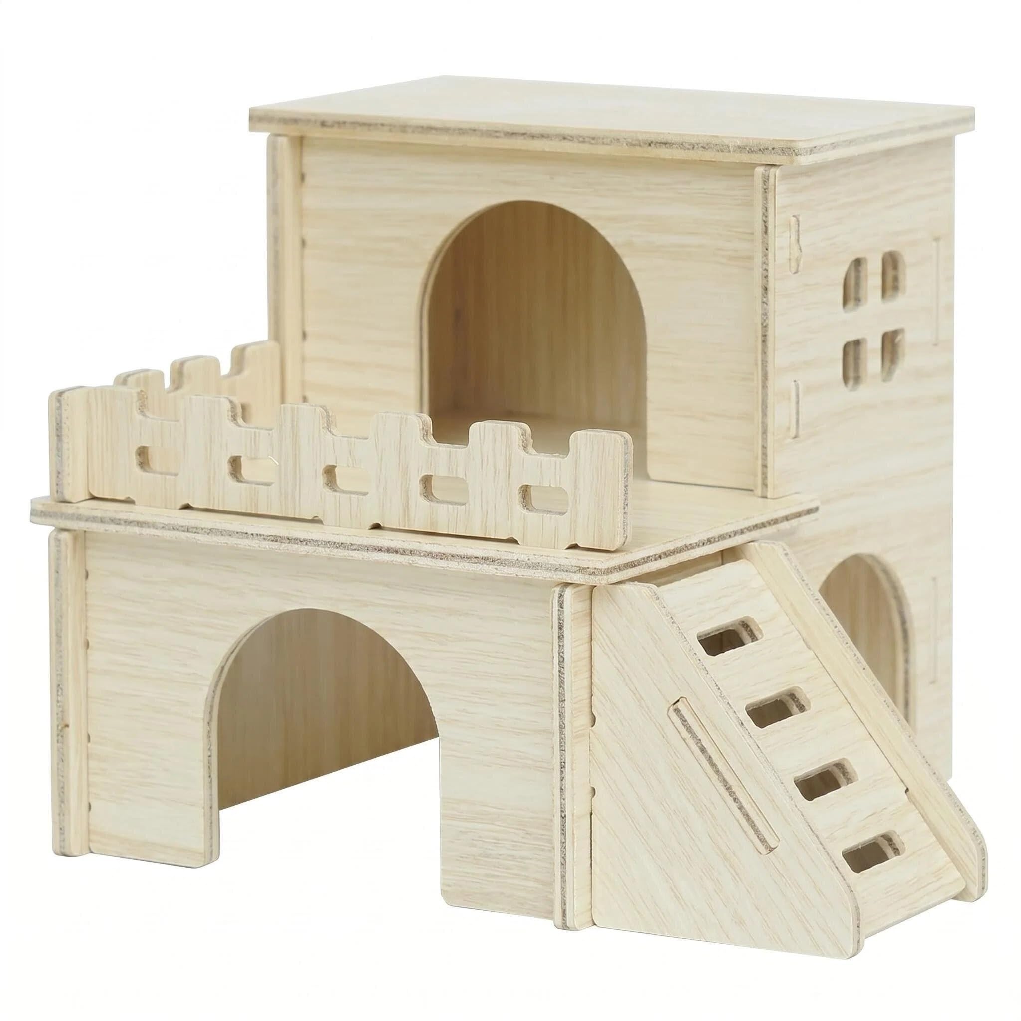Wooden Guinea Pig House with Ramp, Hideout Castle for Hamsters, Guinea Pigs, Ferrets and Chinchillas, Small Animal Habitat with Detachable Stair