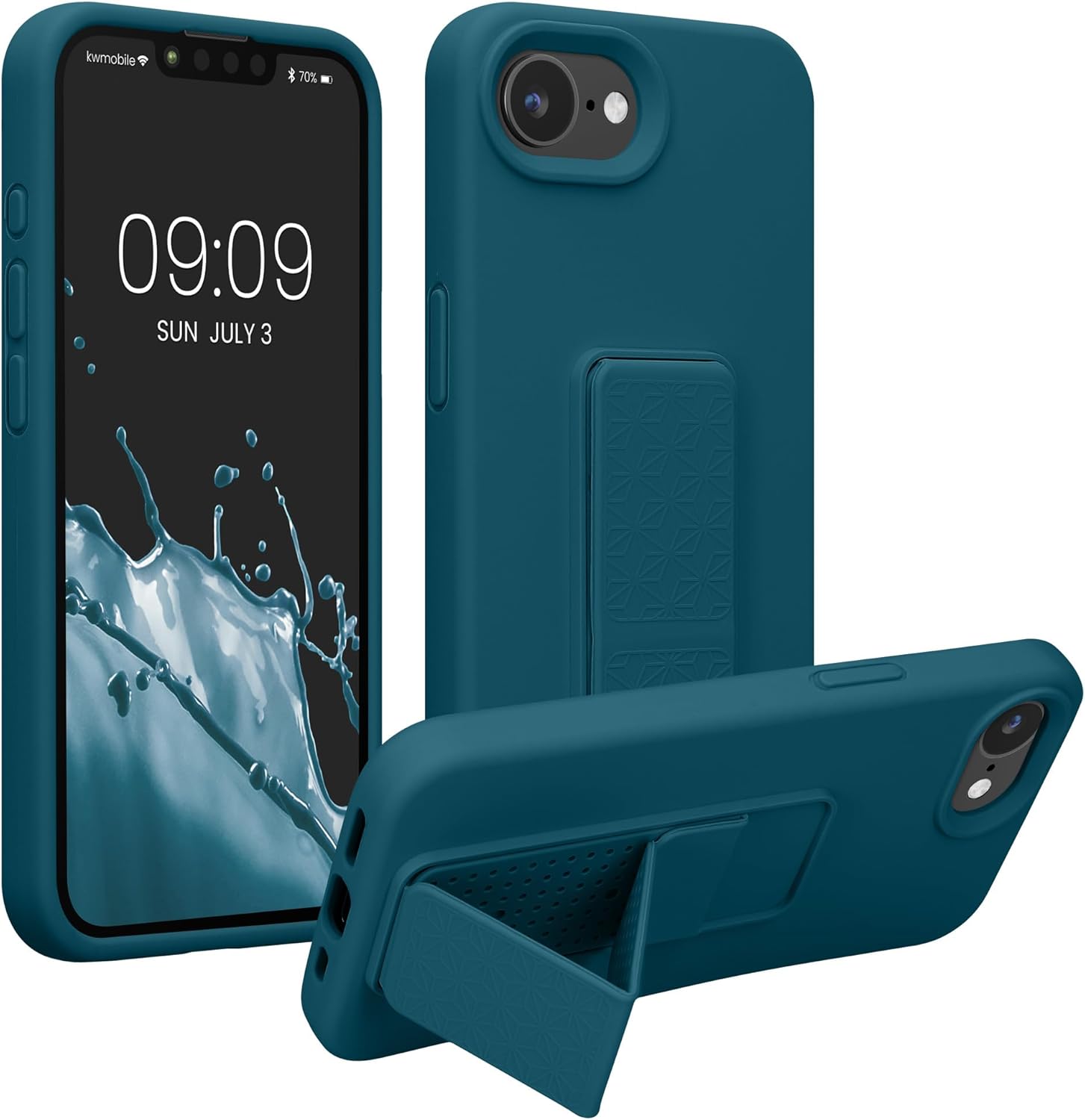 kwmobile Case Compatible with Apple iPhone 16e - Case with Hand Strap and Stand Soft TPU Silicone Coating - Teal Matte