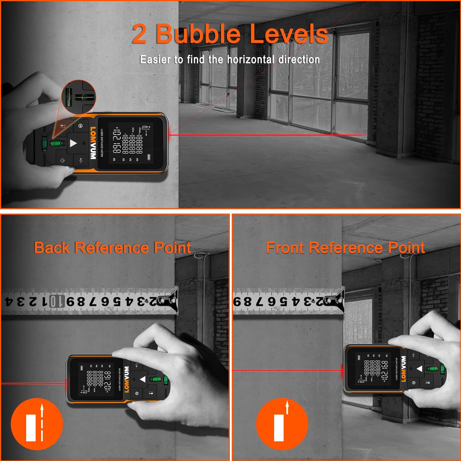 LOMVUM Laser Distance Meter showing back and front reference points