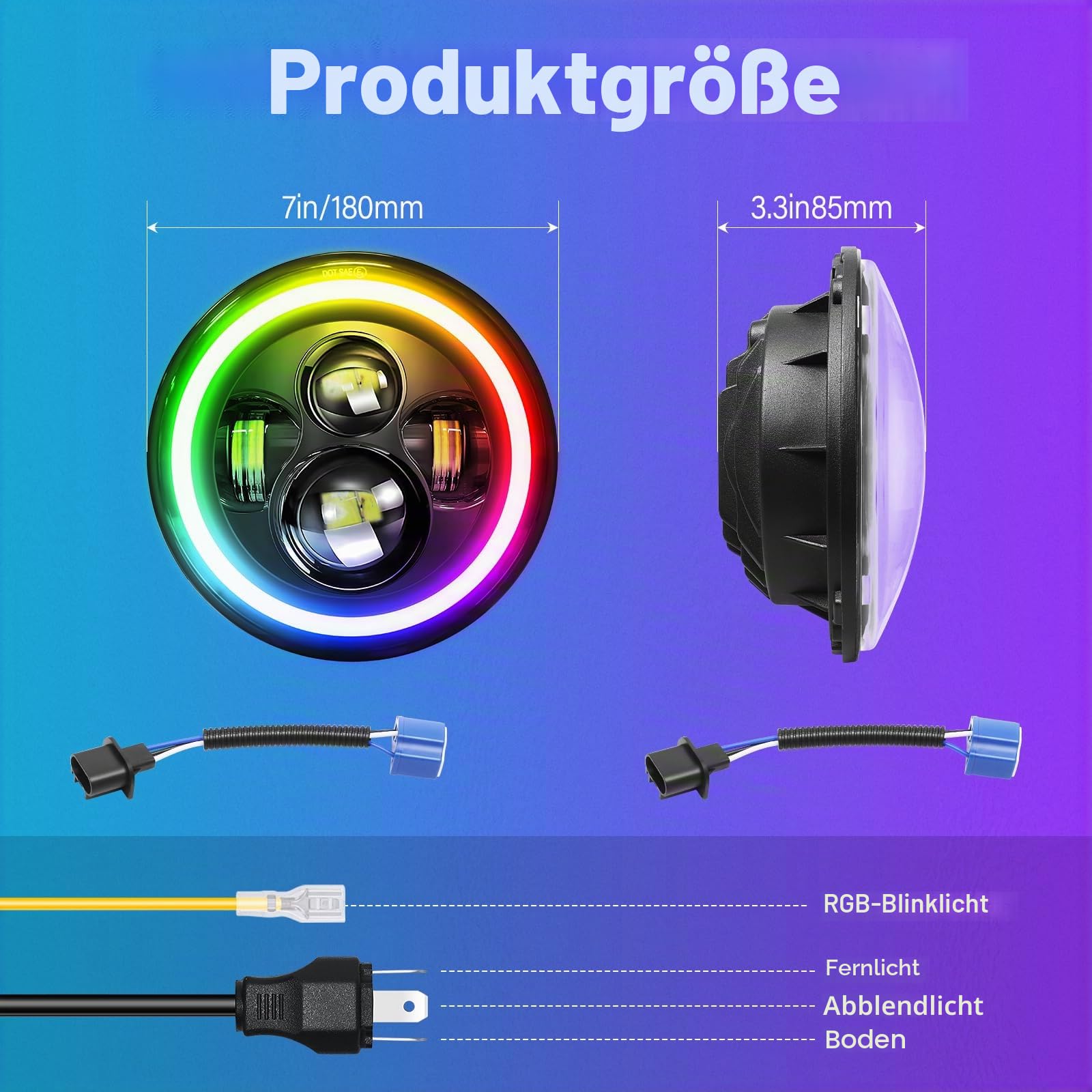 Willpower 7 Zoll Einbauscheinwerfer Rund 50W 5000lm Weiß, RGB DRL